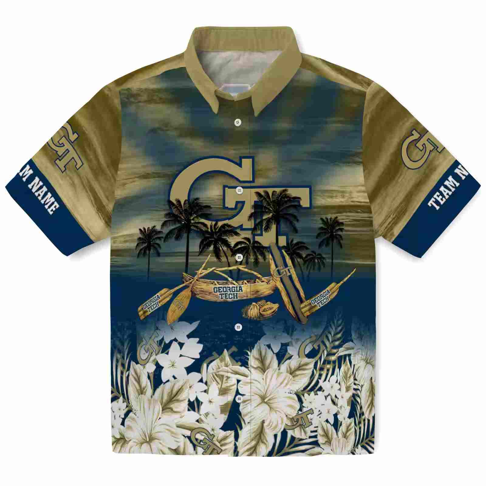 Personalized Georgia Tech Yellow Jackets Tropical Canoe Gold Hawaiian Shirt