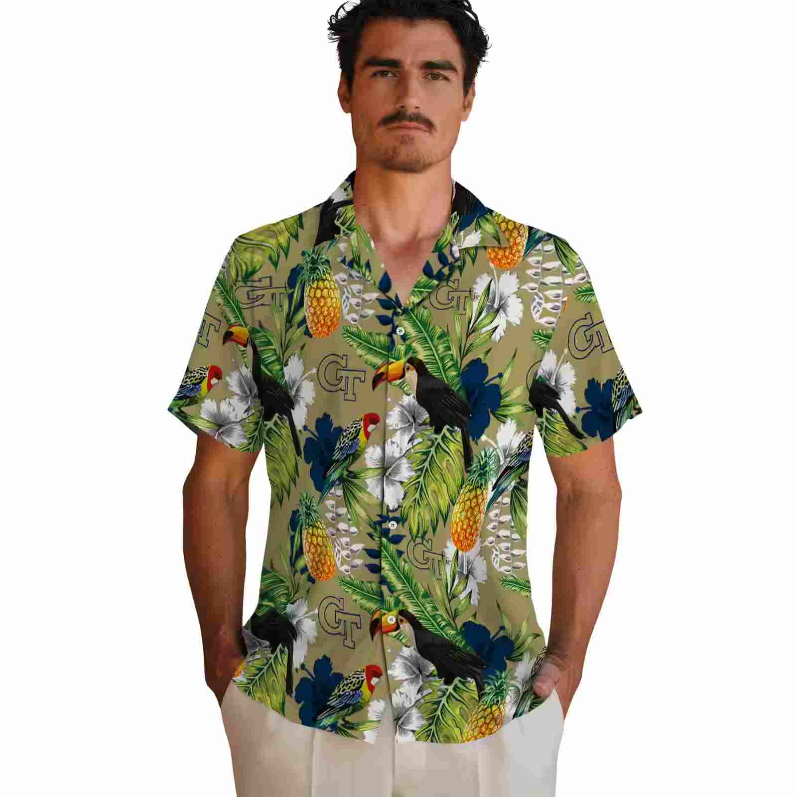 personalized georgia tech yellow jackets tropical toucan gold green hawaiian shirt fashion forward