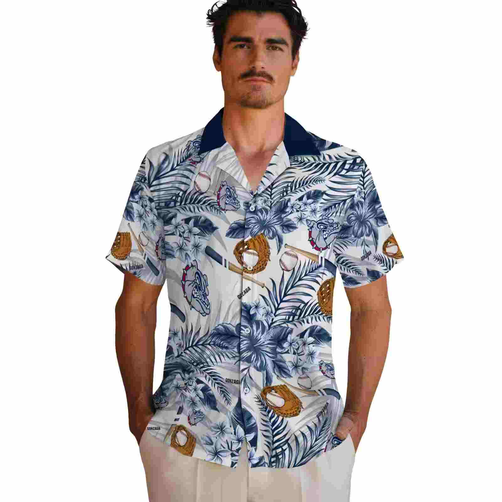 personalized gonzaga bulldogs floral baseball blue white hawaiian shirt fashion forward