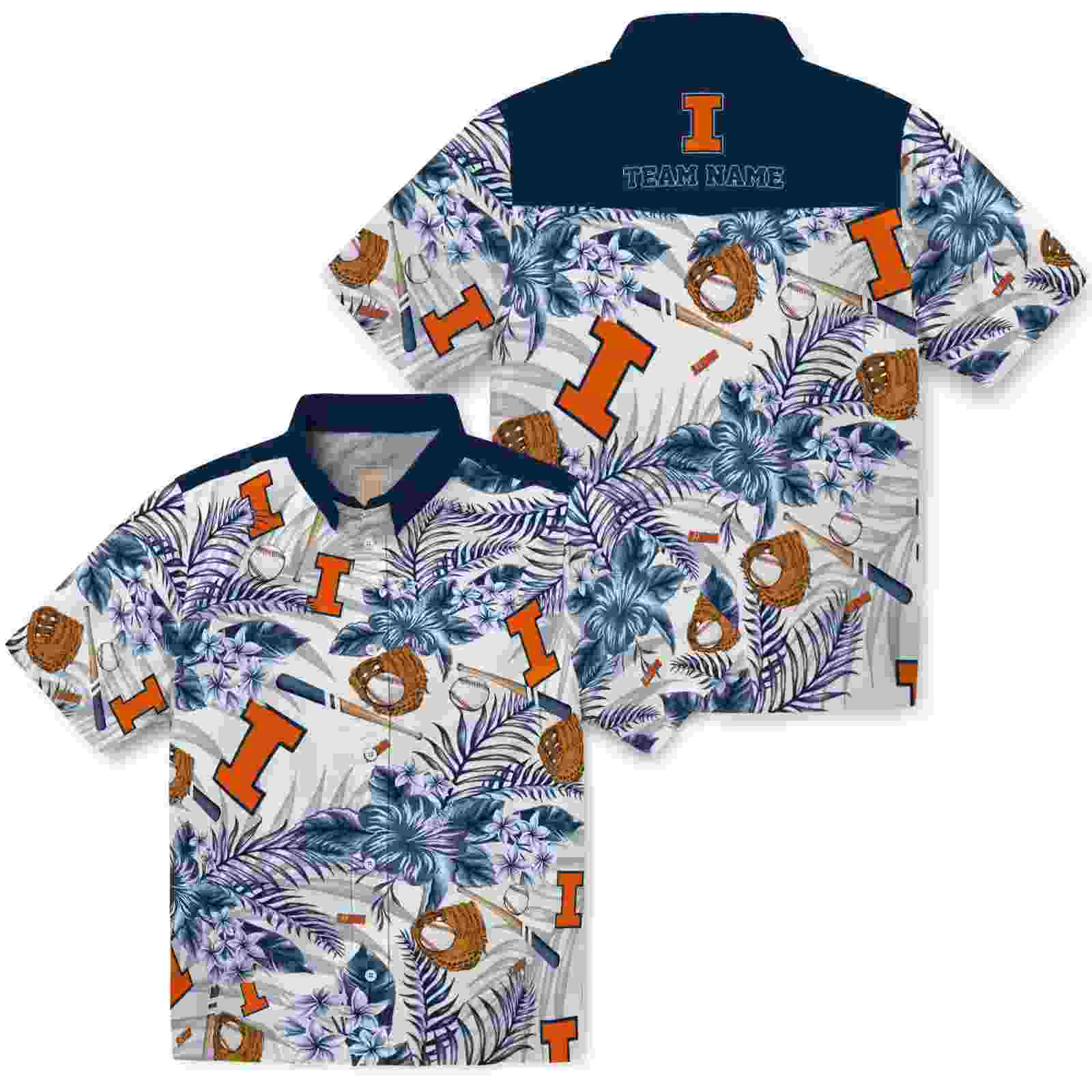 personalized illinois fighting illini floral baseball blue white hawaiian shirt high quality