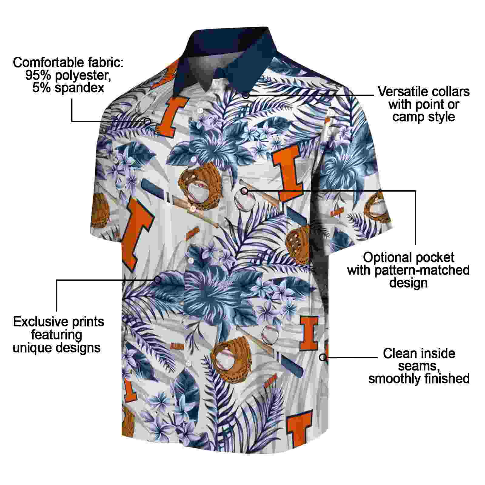 personalized illinois fighting illini floral baseball blue white hawaiian shirt new arrival