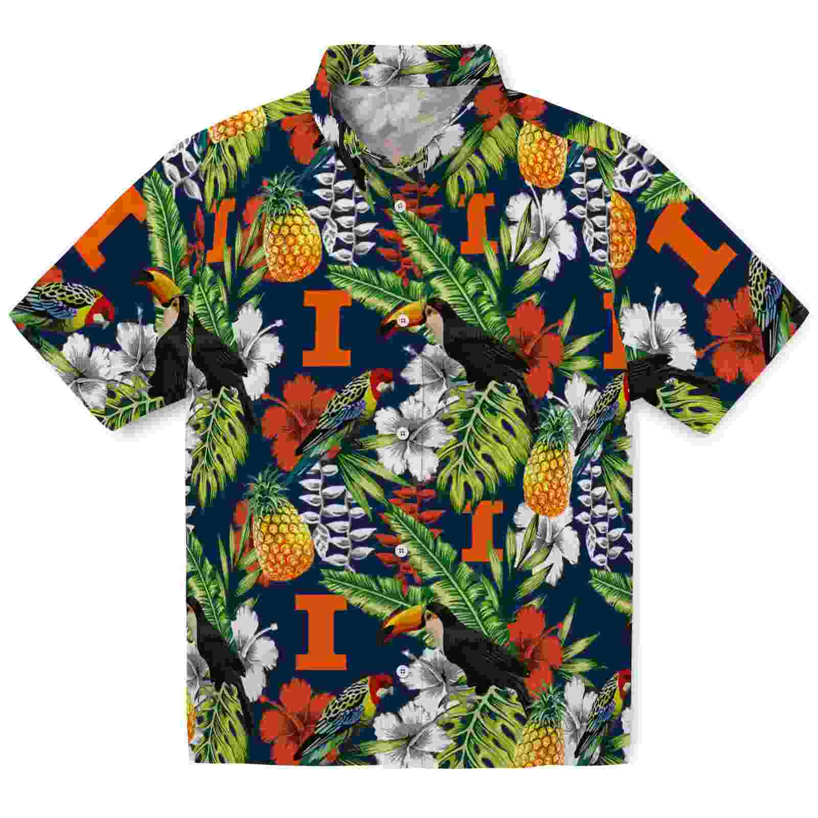 Personalized Illinois Fighting Illini Tropical Toucan Blue Green Hawaiian Shirt