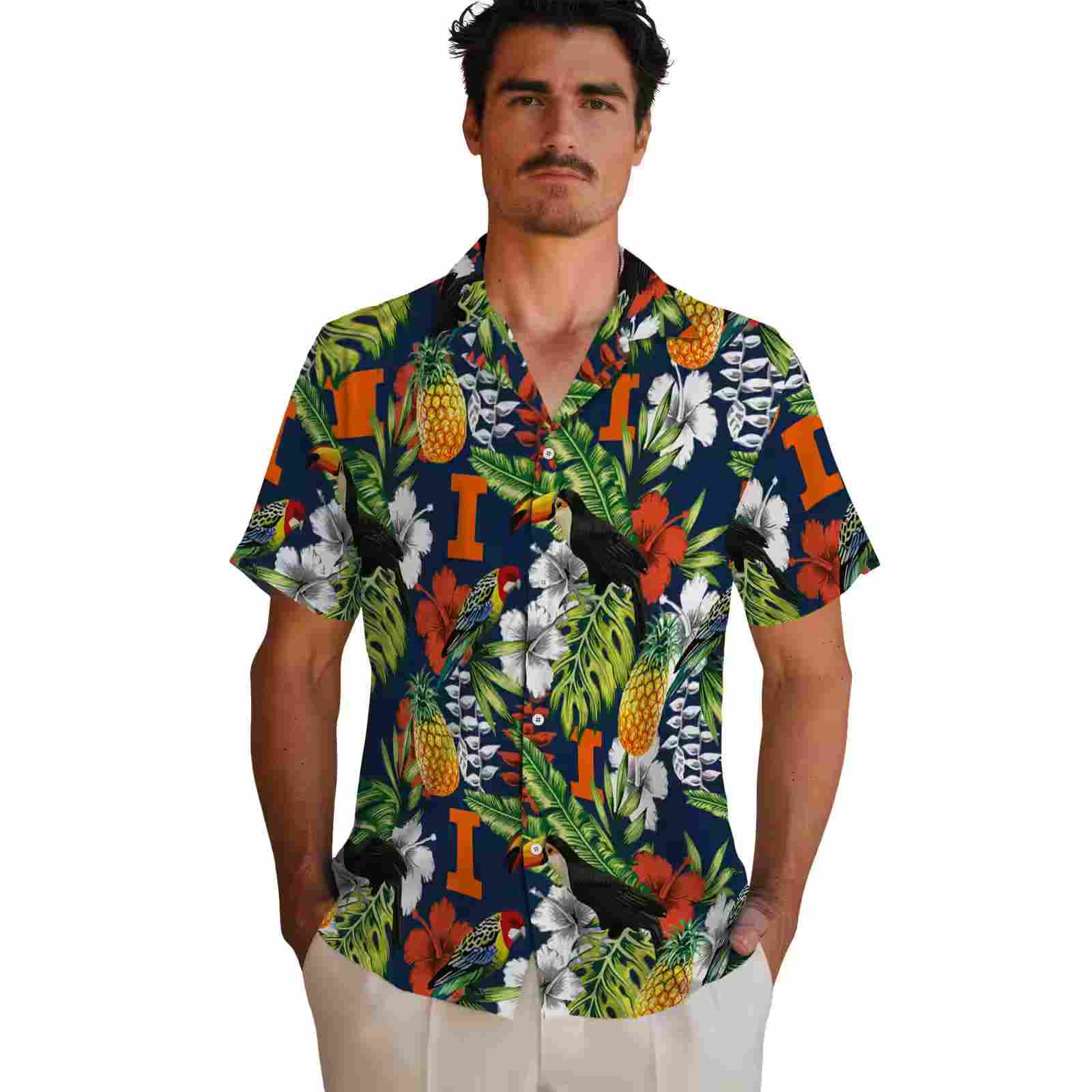 personalized illinois fighting illini tropical toucan blue green hawaiian shirt fashion forward