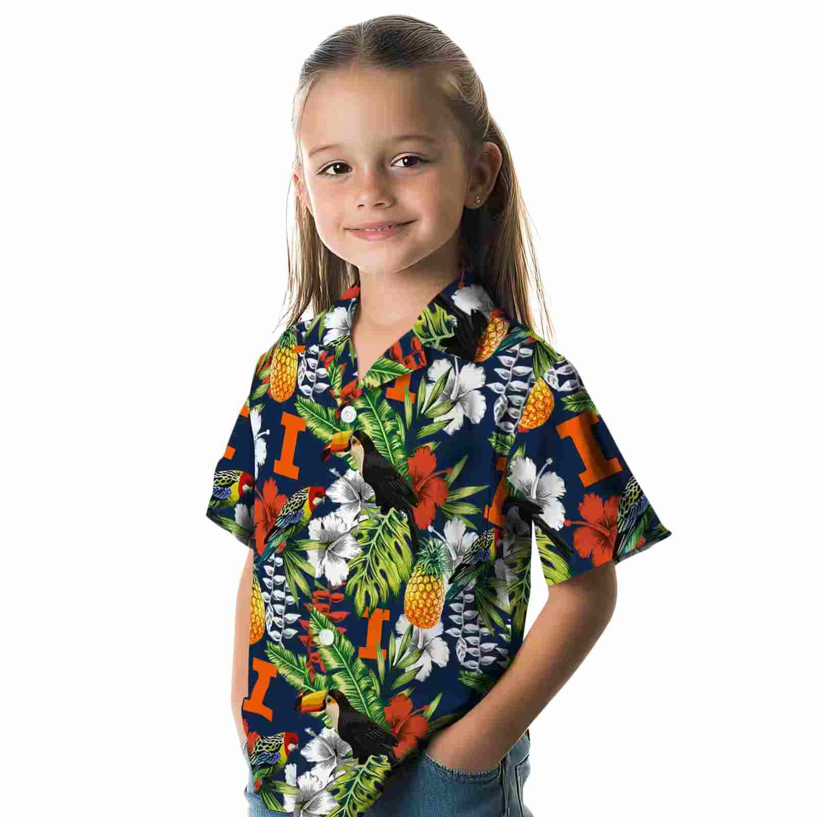 personalized illinois fighting illini tropical toucan blue green hawaiian shirt premium grade