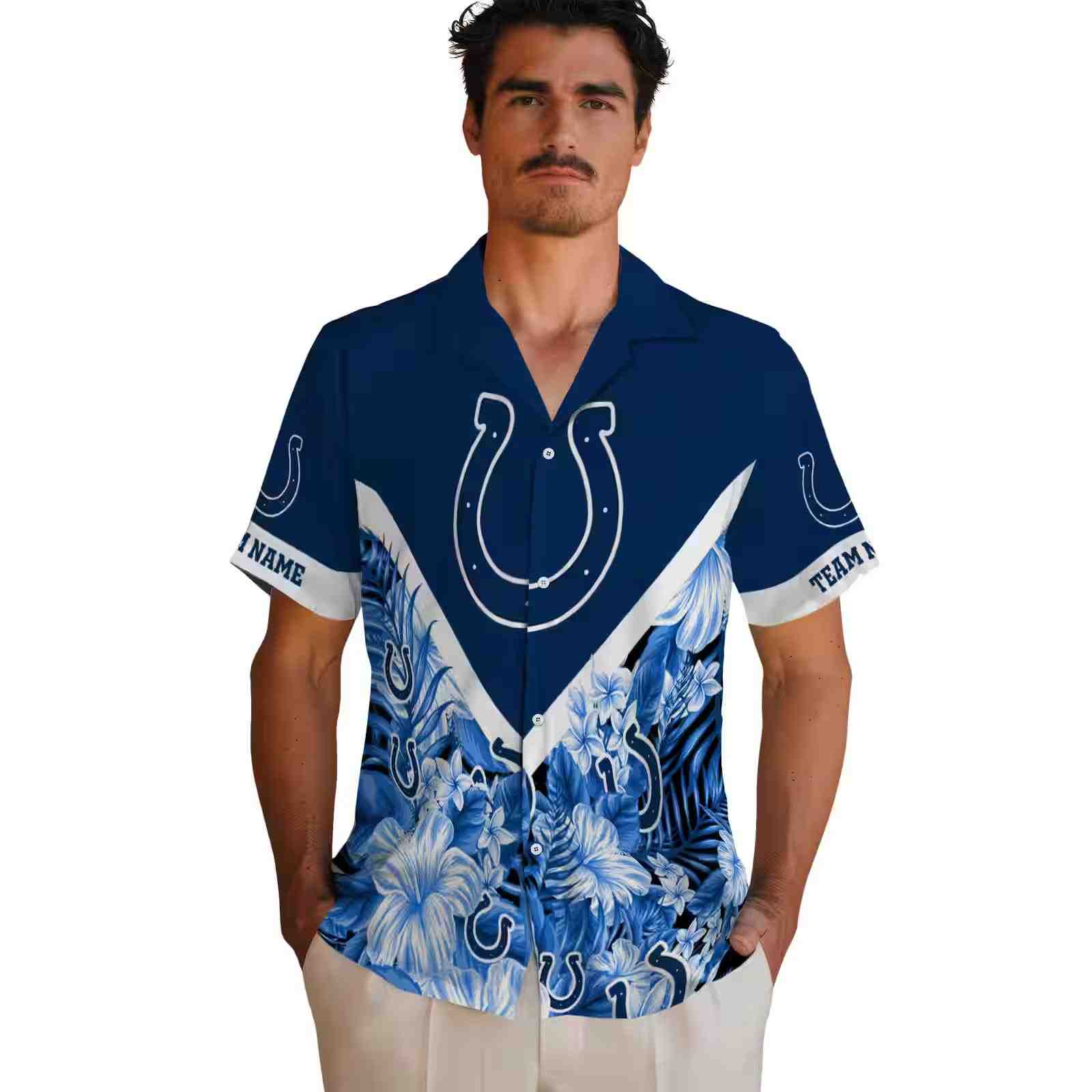 personalized indianapolis colts floral chevron blue hawaiian shirt fashion forward