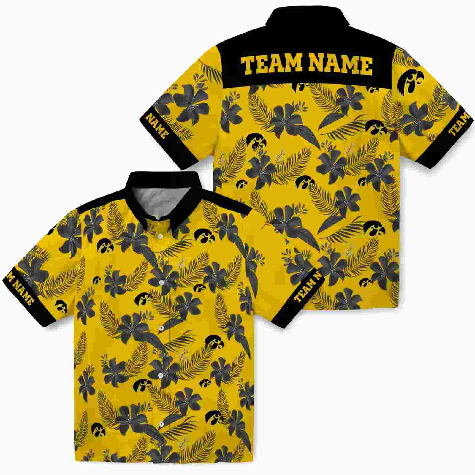 personalized iowa hawkeyes botanical print gold hawaiian shirt high quality