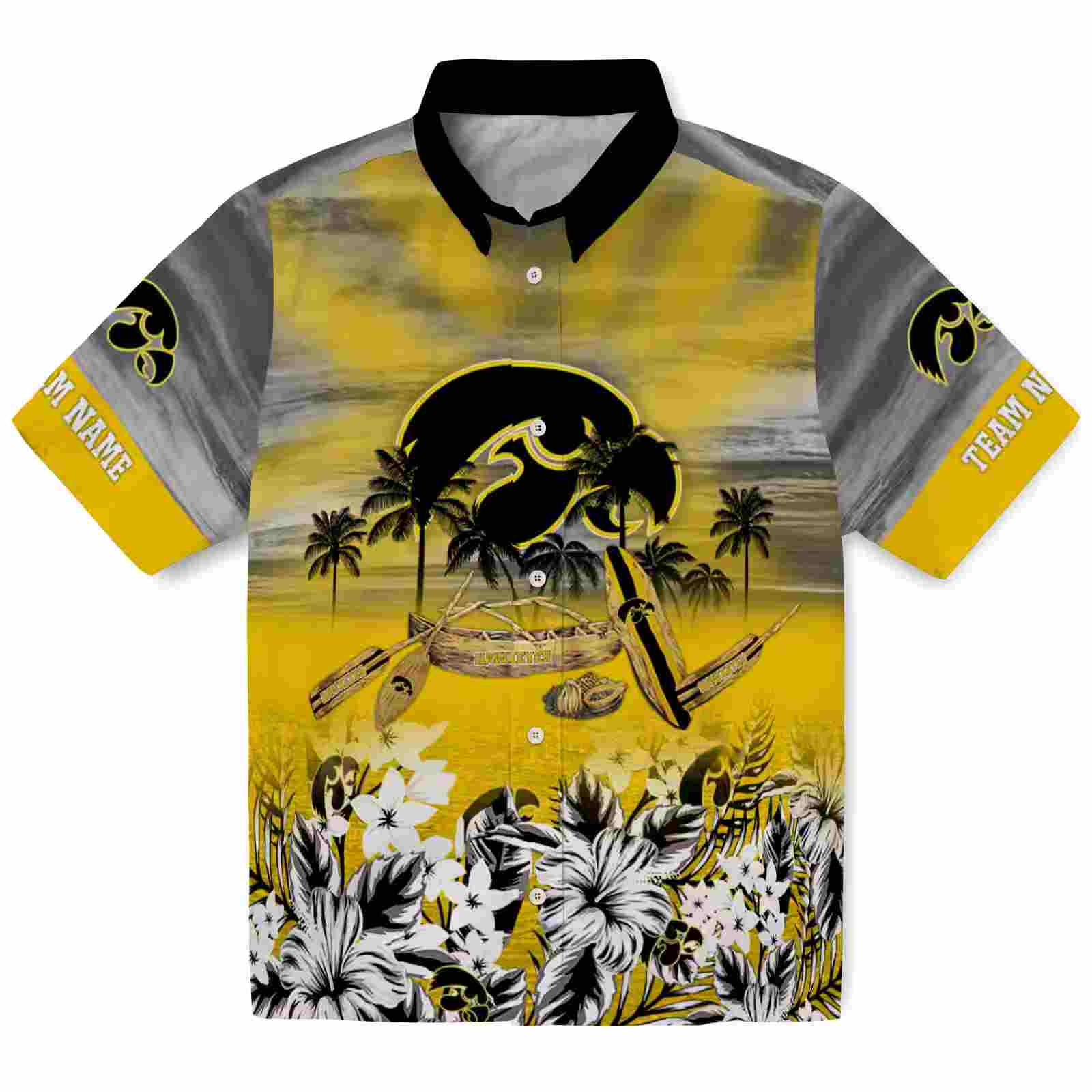 Personalized Iowa Hawkeyes Tropical Canoe Black Hawaiian Shirt