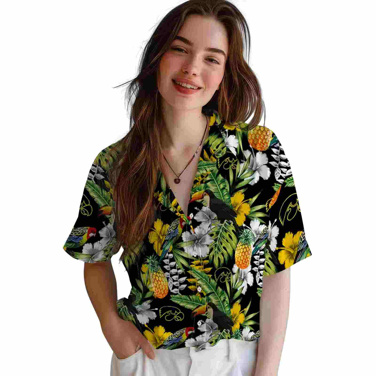 personalized iowa hawkeyes tropical toucan black green hawaiian shirt latest model