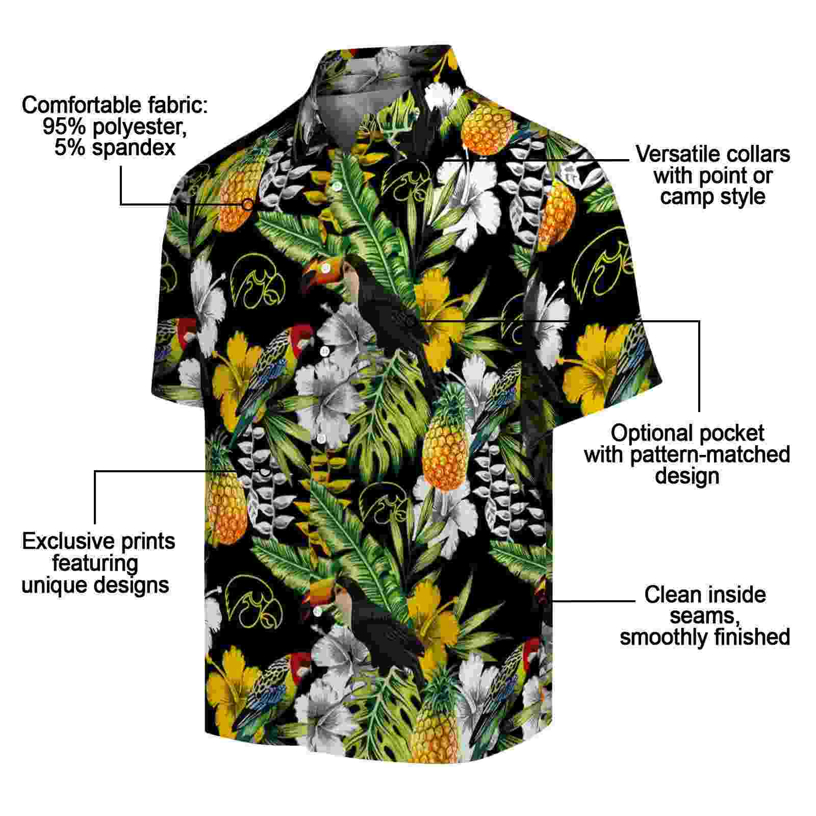 personalized iowa hawkeyes tropical toucan black green hawaiian shirt new arrival