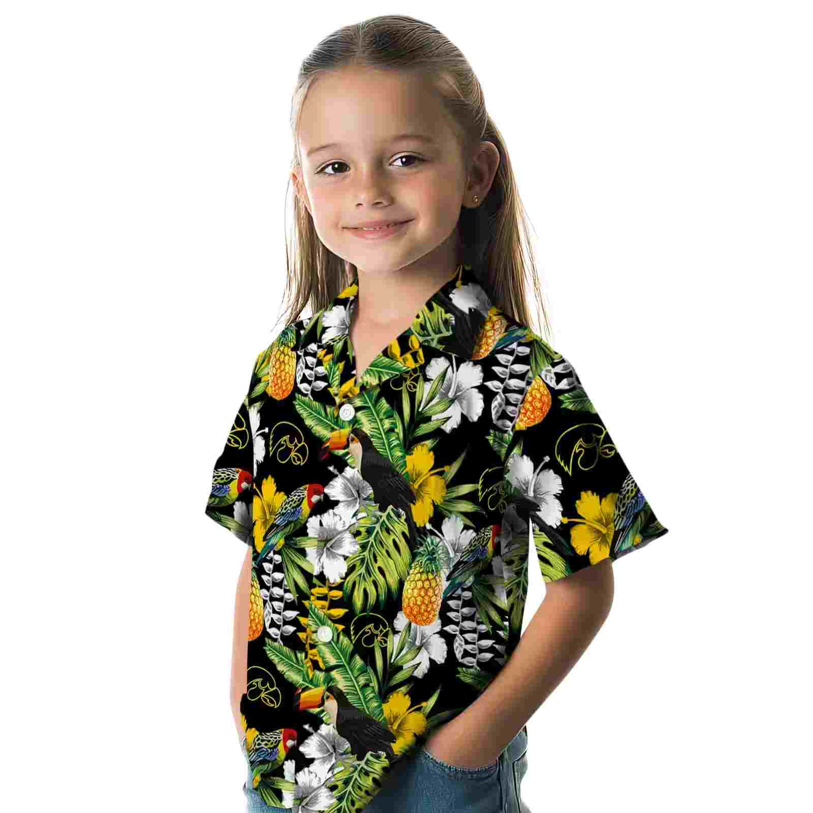 personalized iowa hawkeyes tropical toucan black green hawaiian shirt premium grade