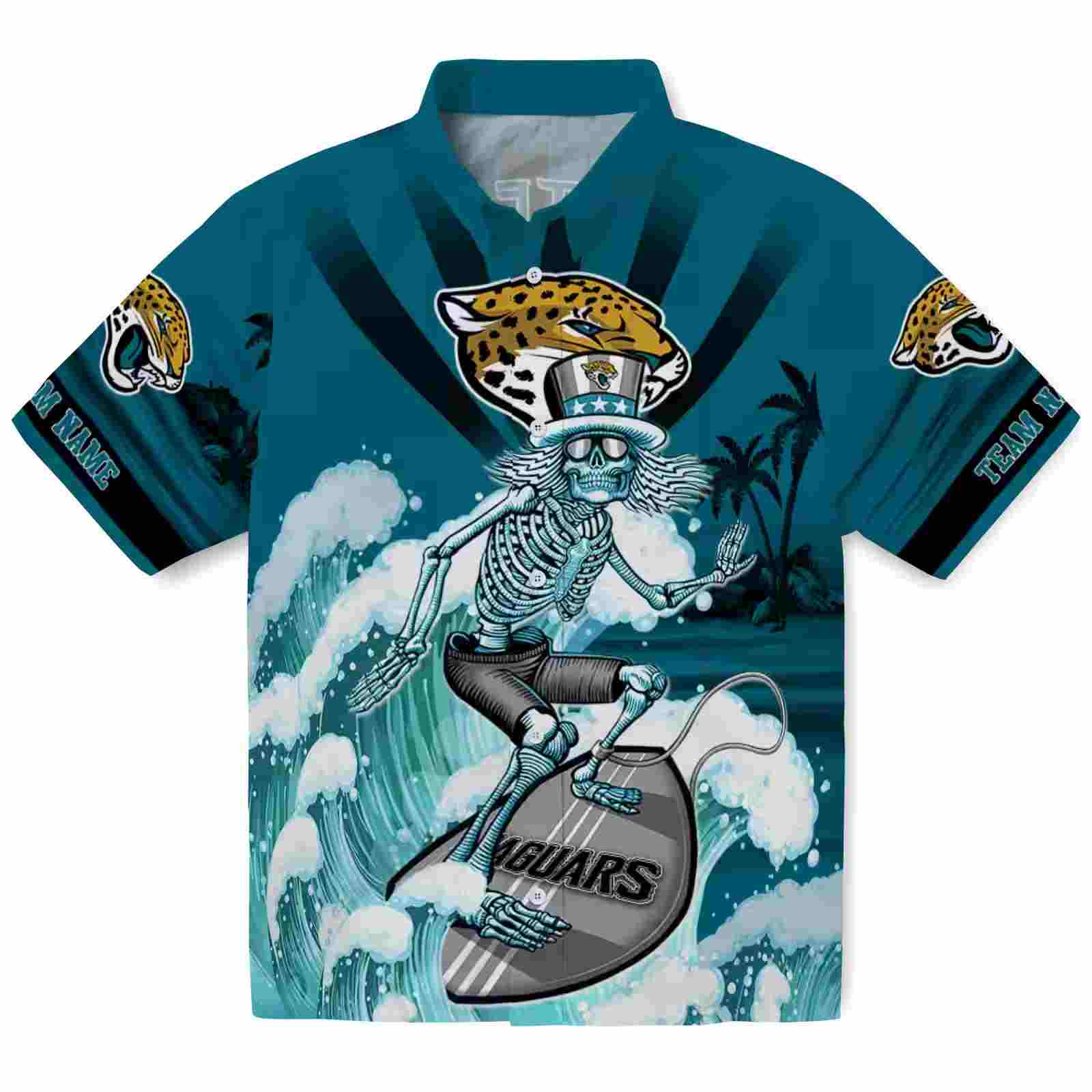 Personalized Jacksonville Jaguars Surfing Skeleton Teal Blue Hawaiian Shirt