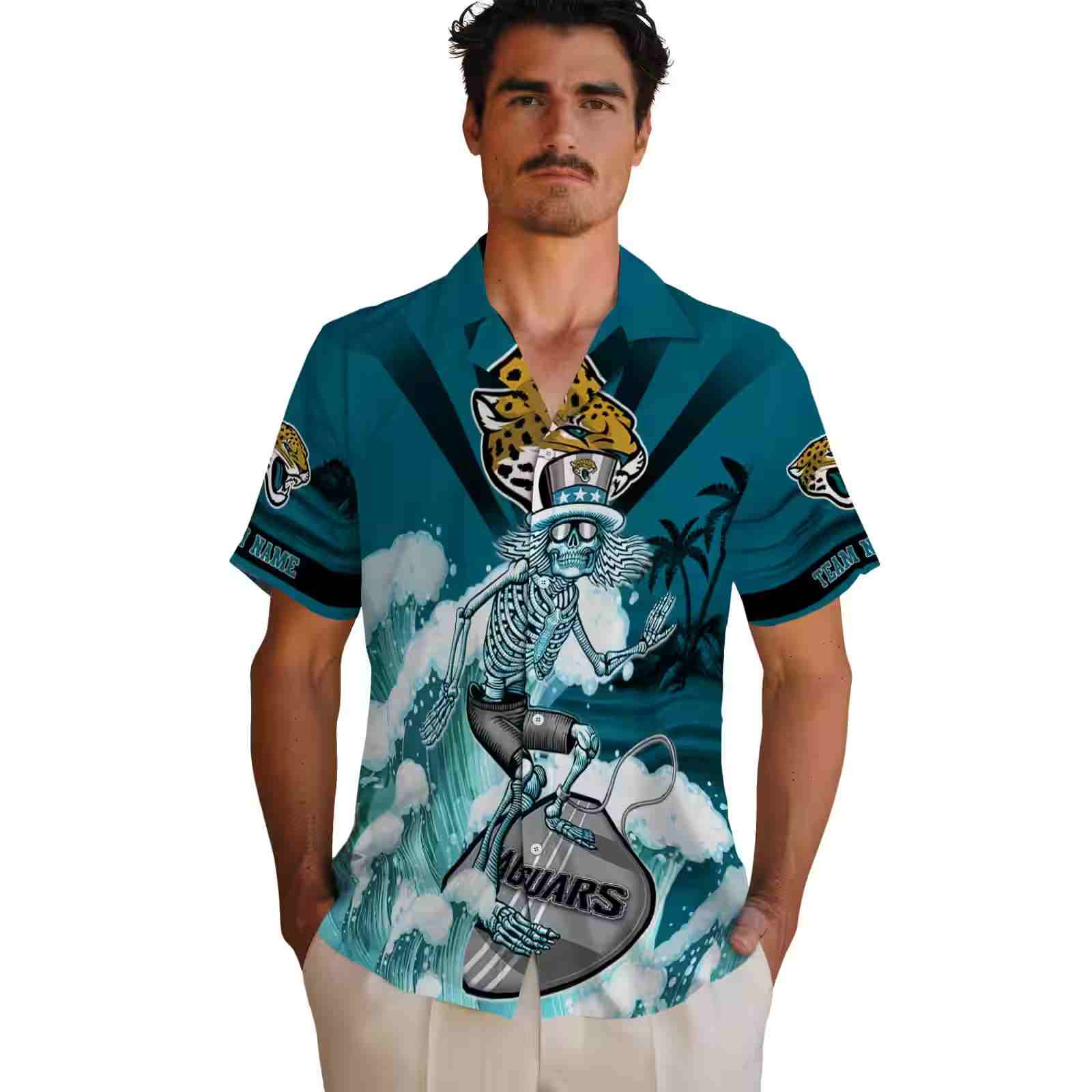 personalized jacksonville jaguars surfing skeleton teal blue hawaiian shirt fashion forward