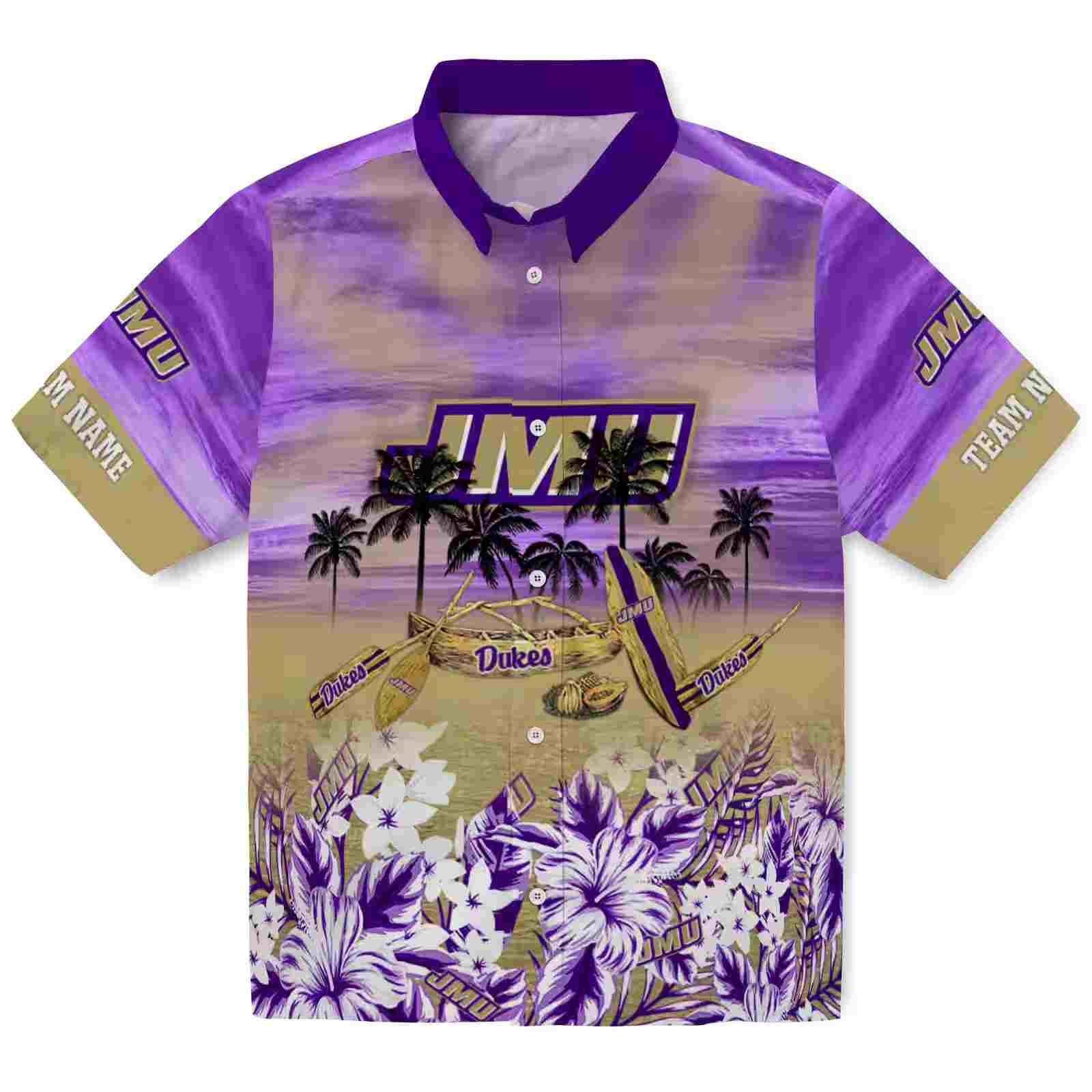 Personalized James Madison Dukes Tropical Canoe Purple Hawaiian Shirt