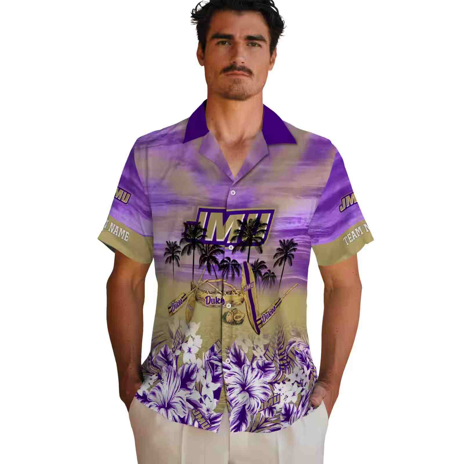 personalized james madison dukes tropical canoe purple hawaiian shirt fashion forward