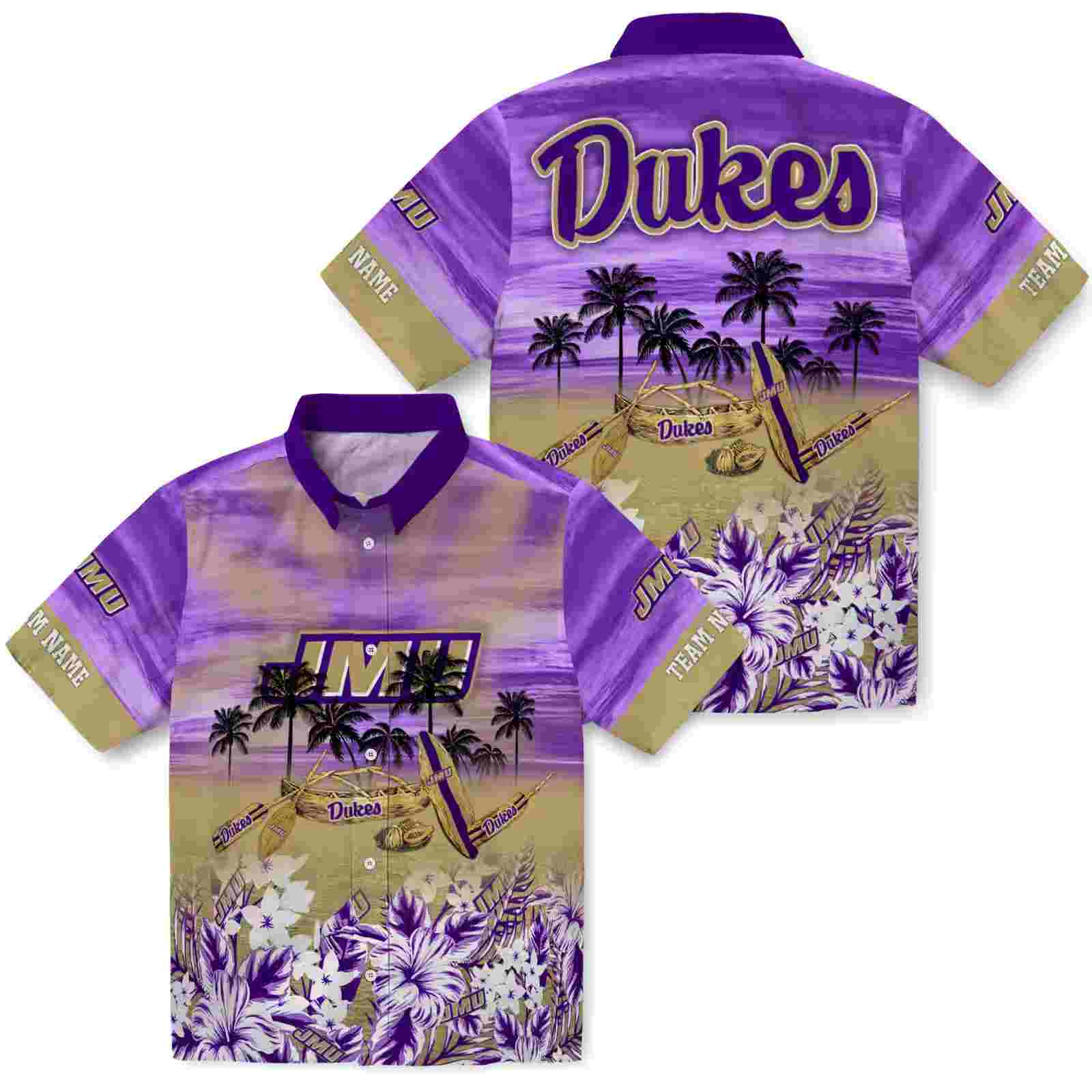 personalized james madison dukes tropical canoe purple hawaiian shirt high quality