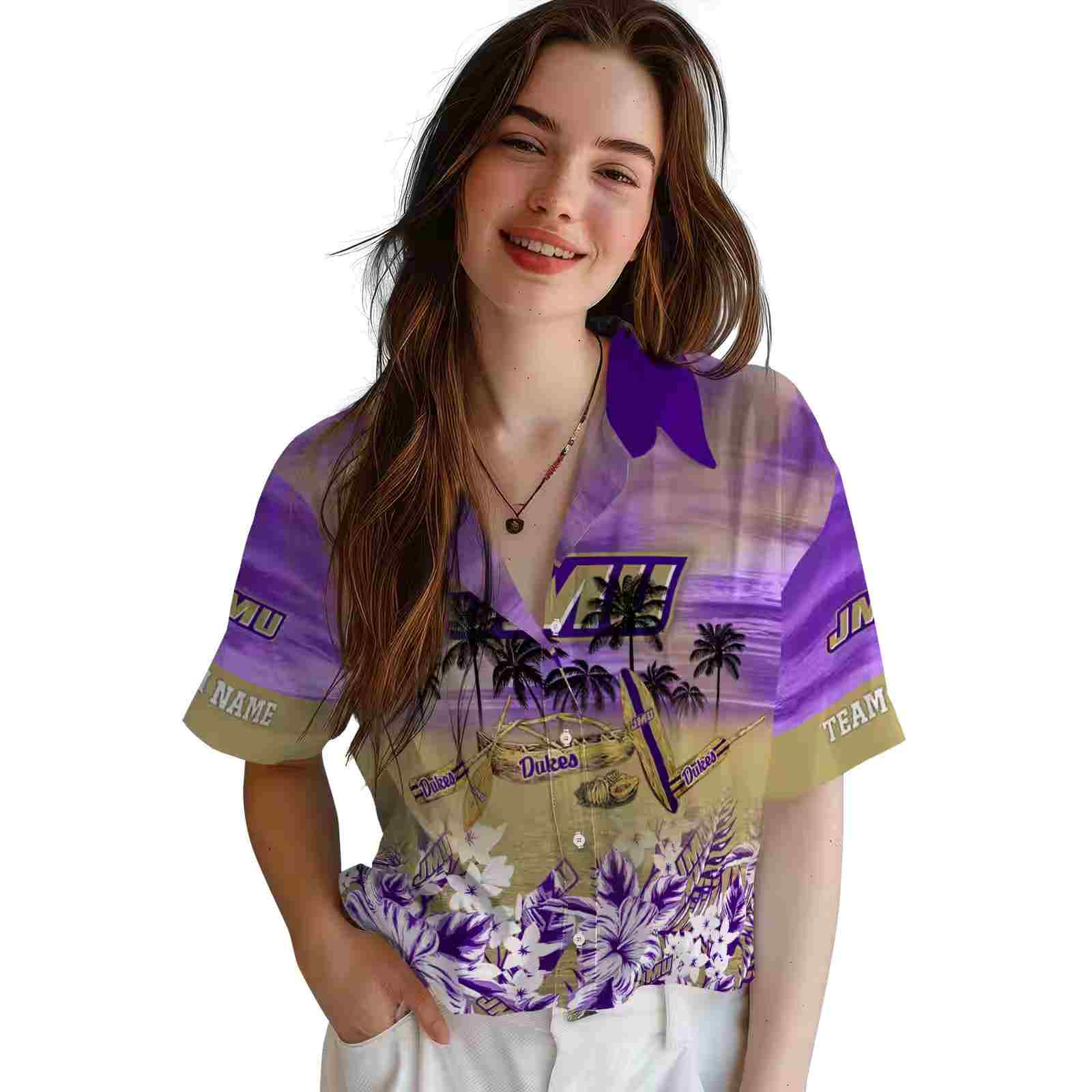 personalized james madison dukes tropical canoe purple hawaiian shirt latest model