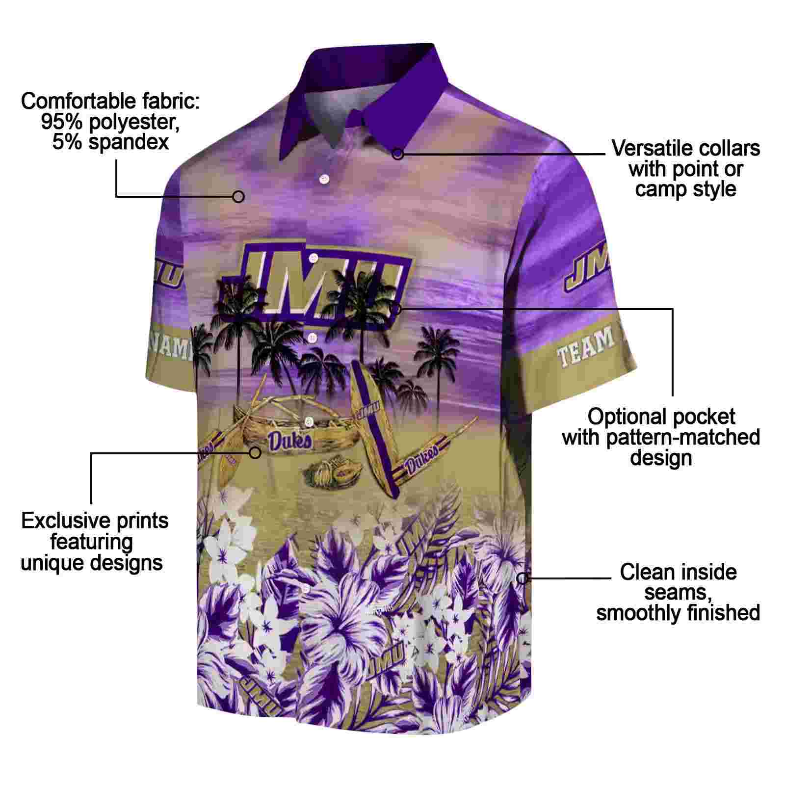 personalized james madison dukes tropical canoe purple hawaiian shirt new arrival