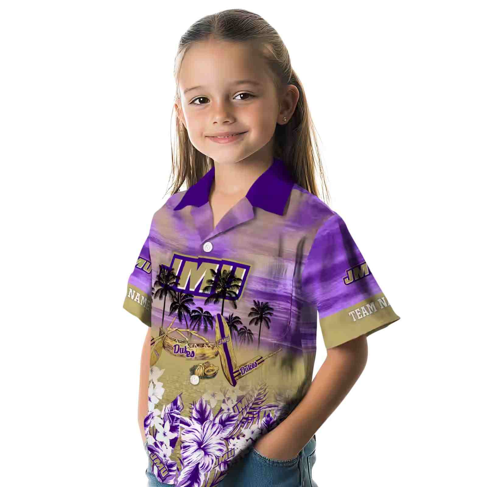 personalized james madison dukes tropical canoe purple hawaiian shirt premium grade