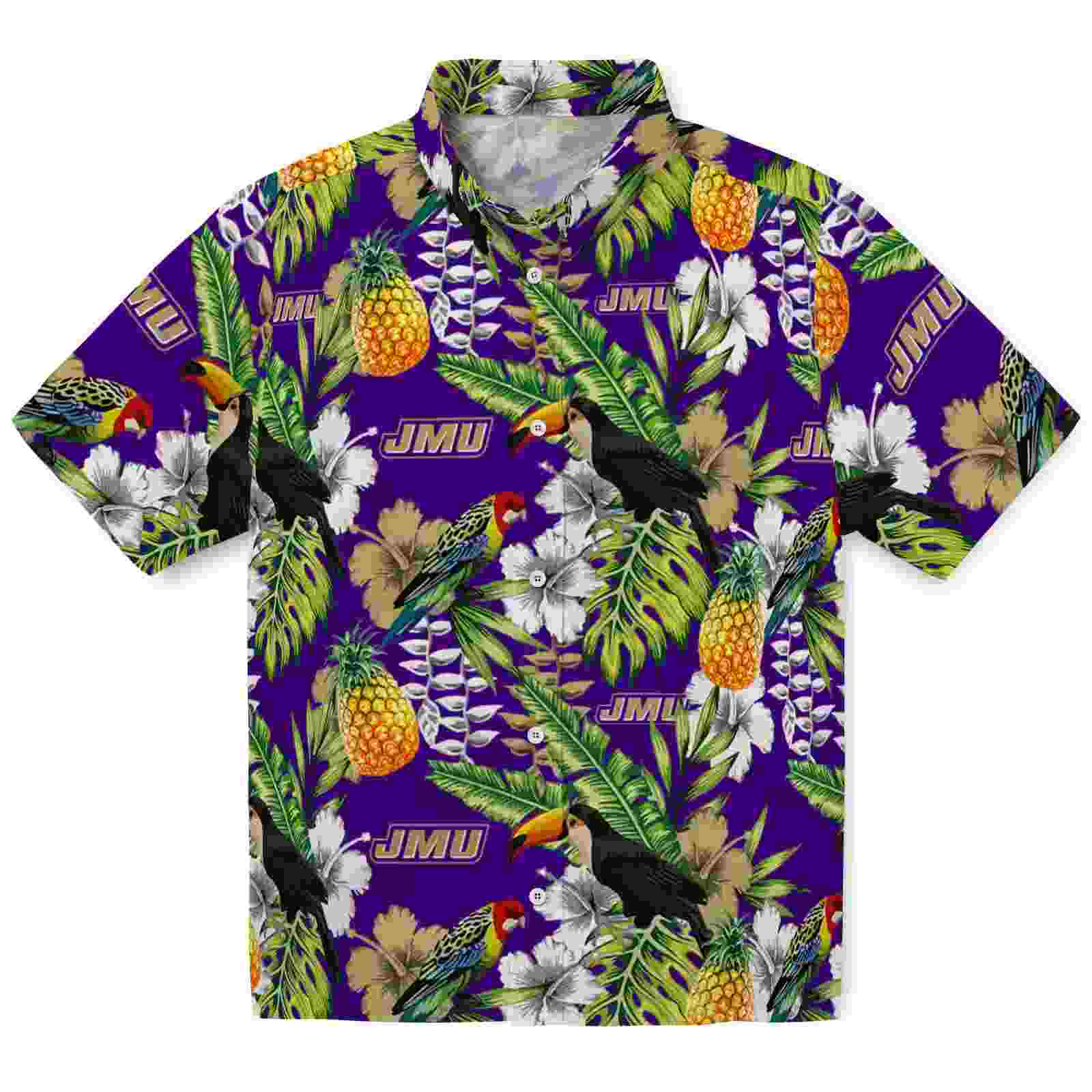 Personalized James Madison Dukes Tropical Toucan Purple Green Hawaiian Shirt