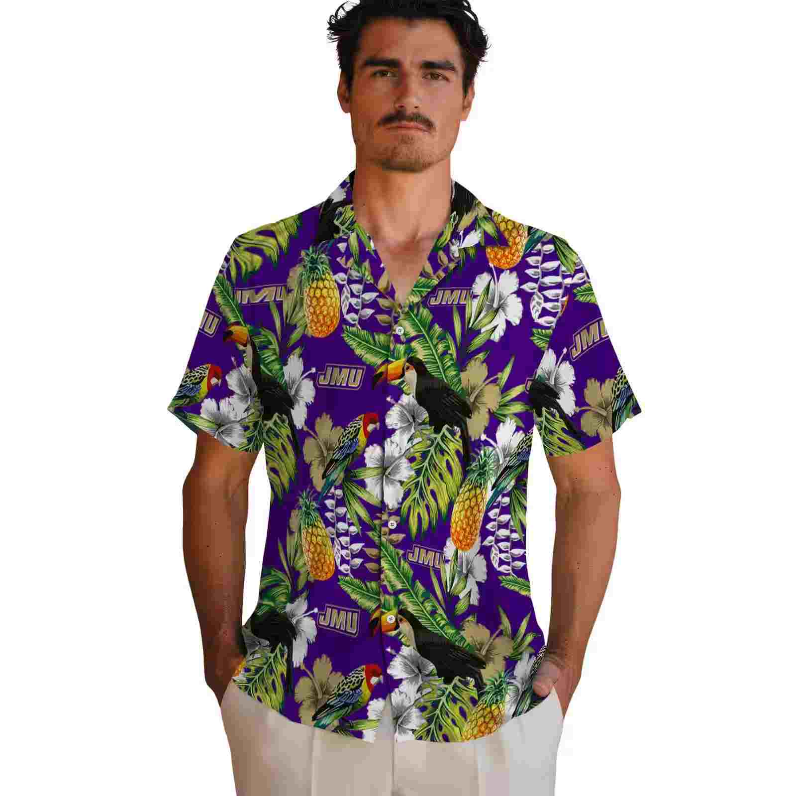 personalized james madison dukes tropical toucan purple green hawaiian shirt fashion forward