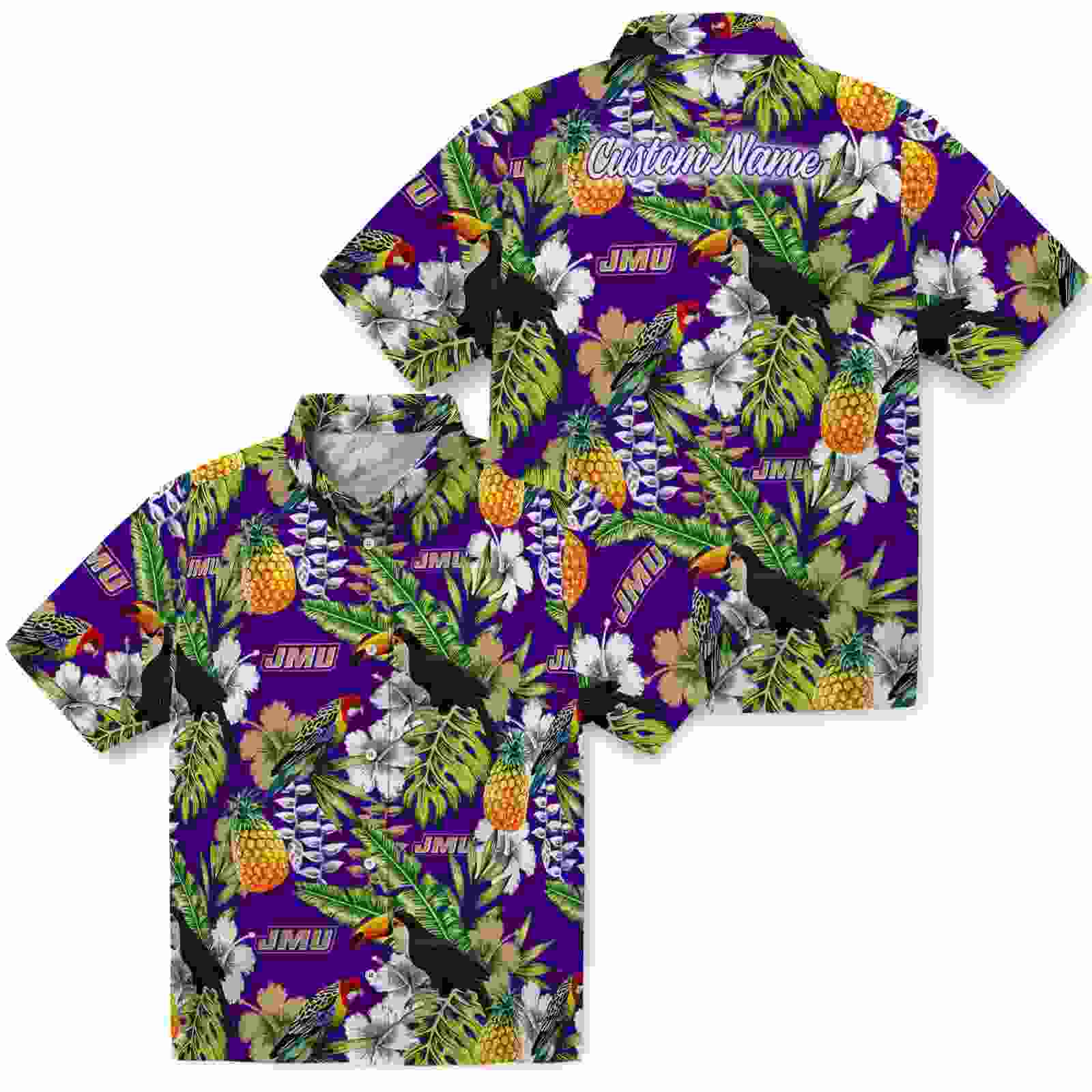 personalized james madison dukes tropical toucan purple green hawaiian shirt high quality