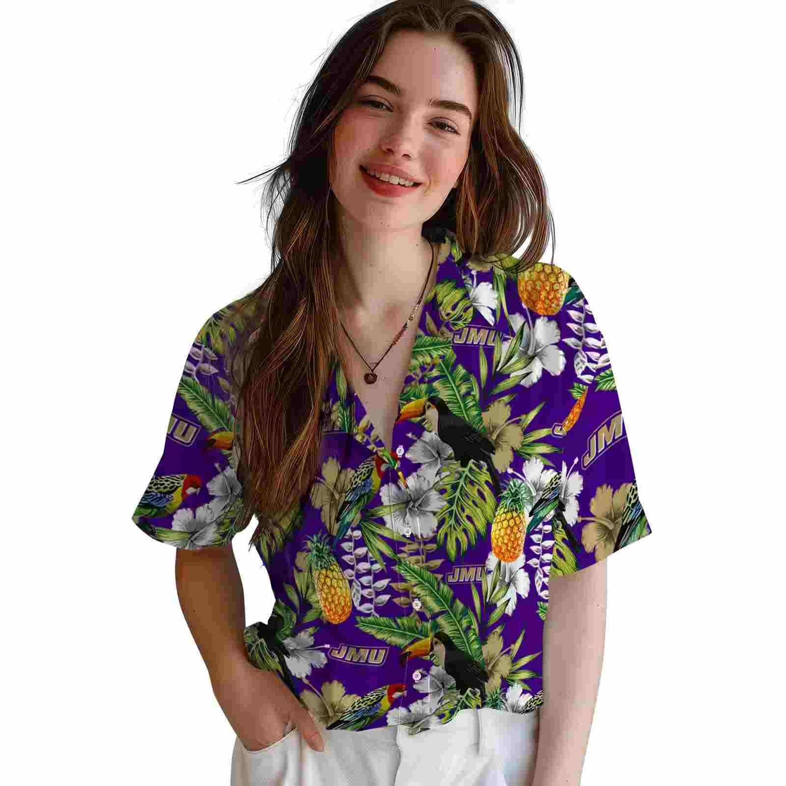 personalized james madison dukes tropical toucan purple green hawaiian shirt latest model