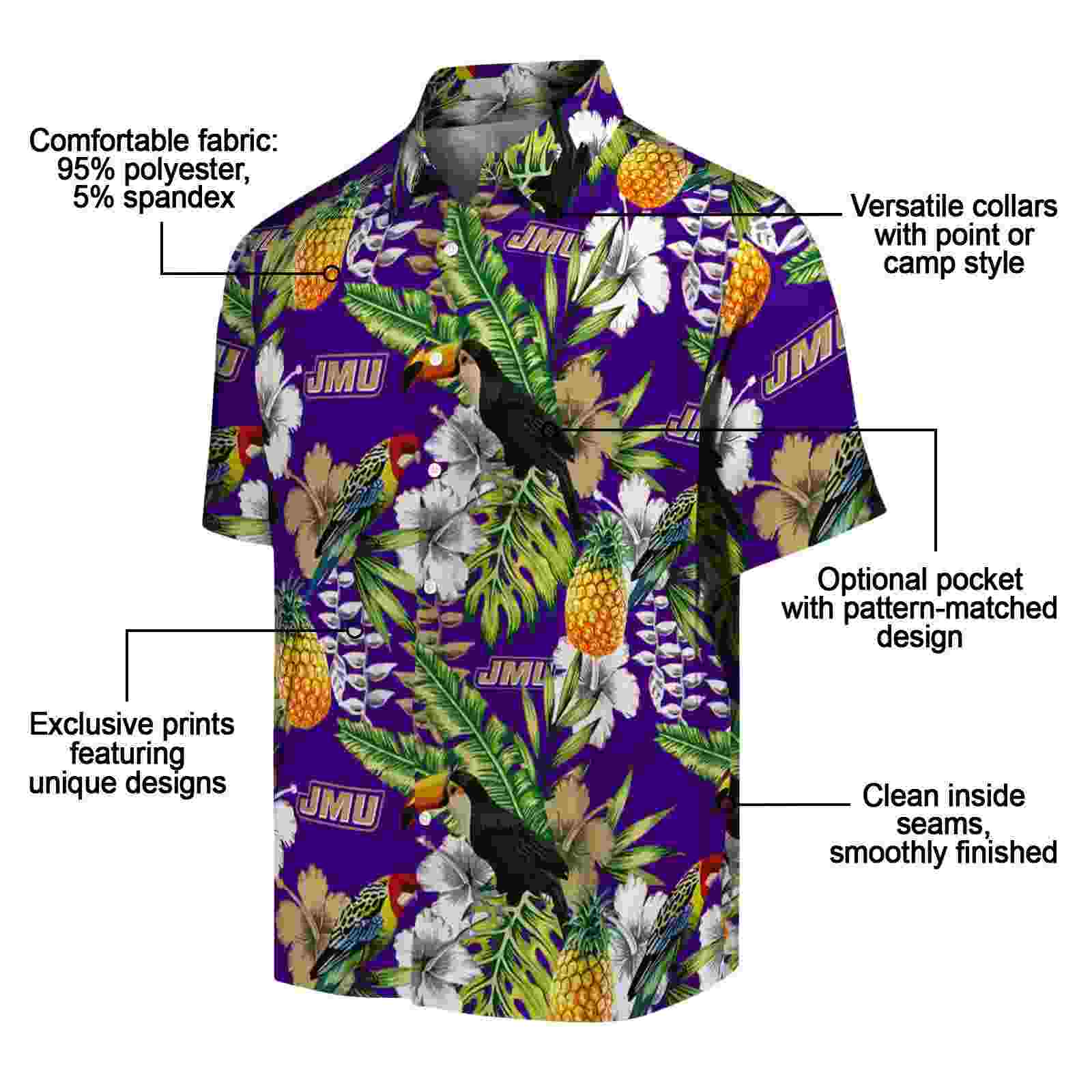 personalized james madison dukes tropical toucan purple green hawaiian shirt new arrival