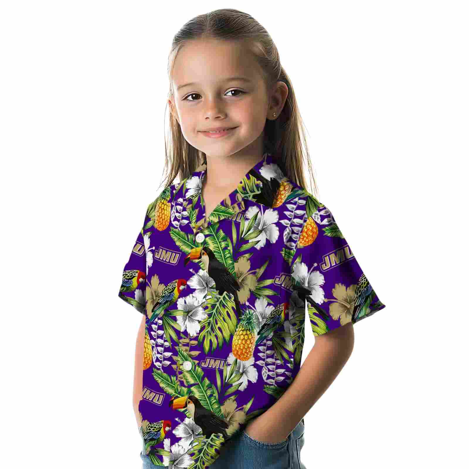 personalized james madison dukes tropical toucan purple green hawaiian shirt premium grade