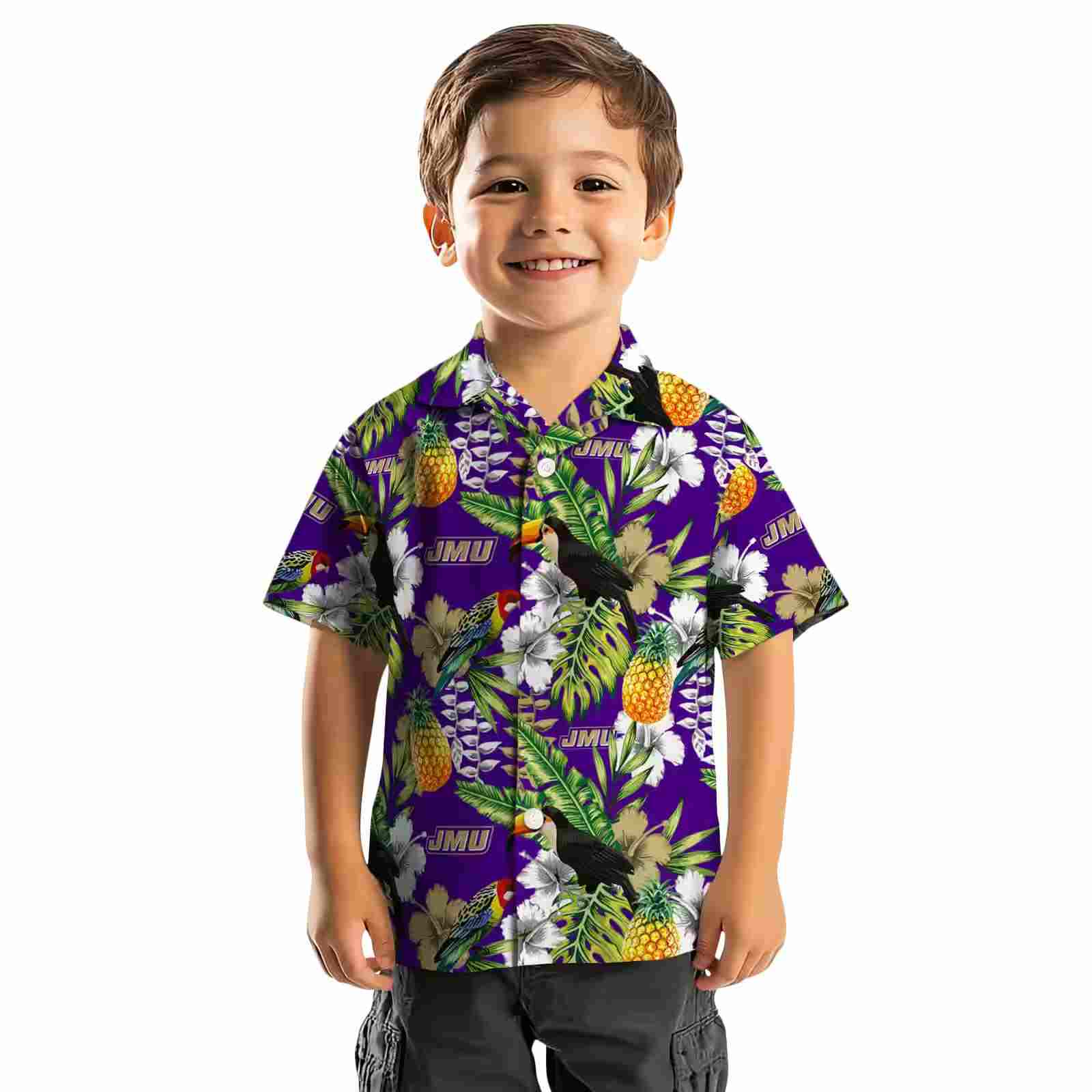 personalized james madison dukes tropical toucan purple green hawaiian shirt top rated