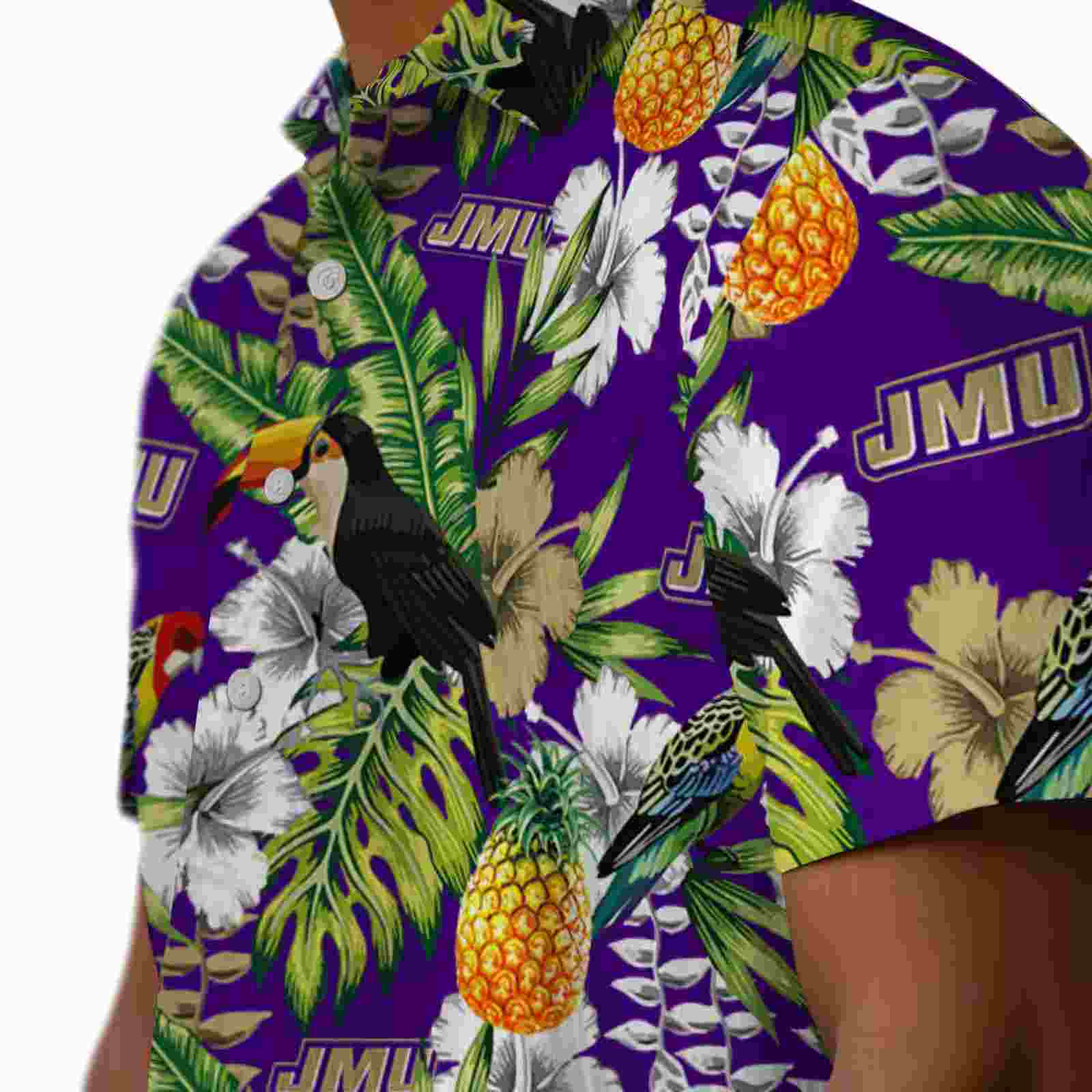 personalized james madison dukes tropical toucan purple green hawaiian shirt trendy