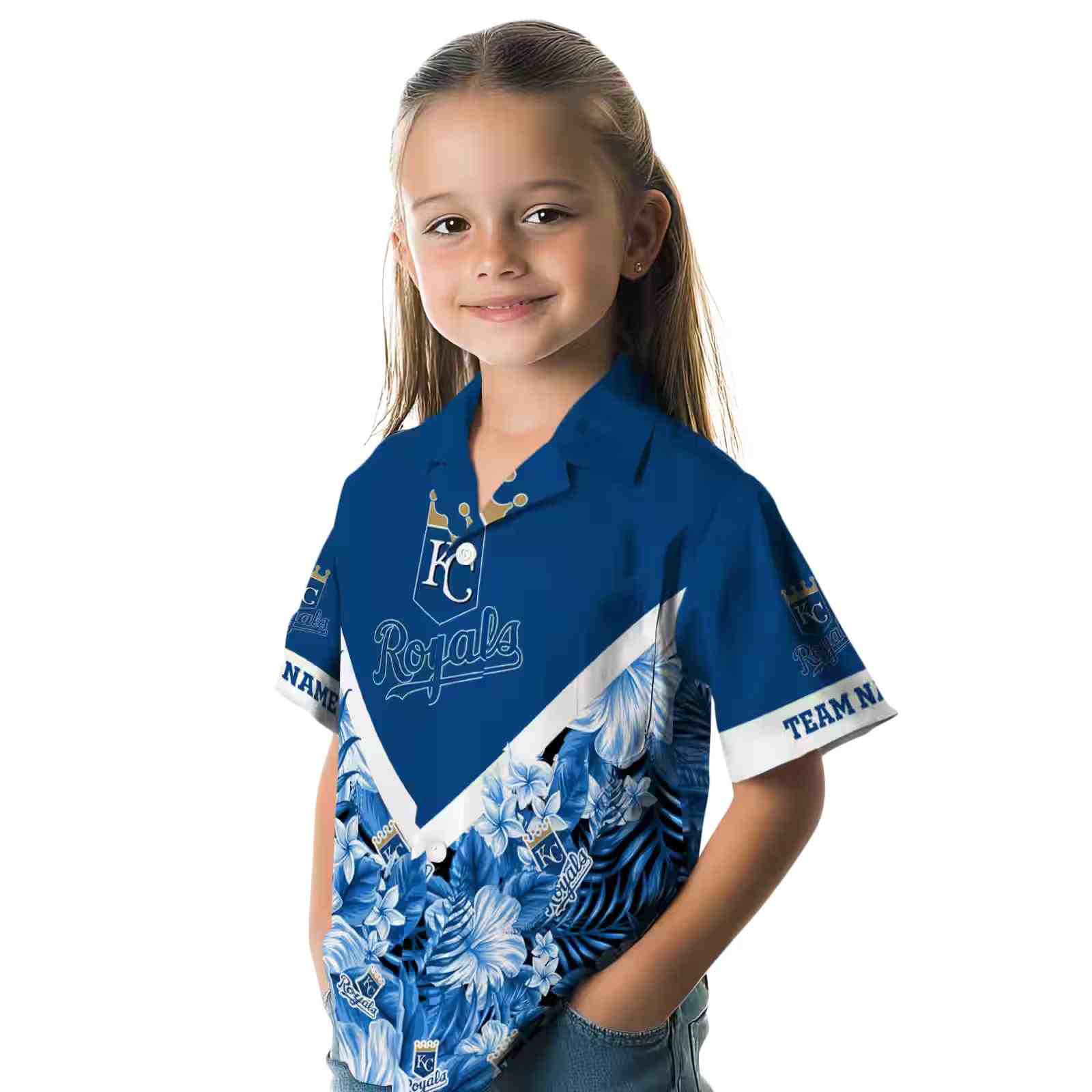 personalized kansas city royals floral chevron royal blue hawaiian shirt premium grade