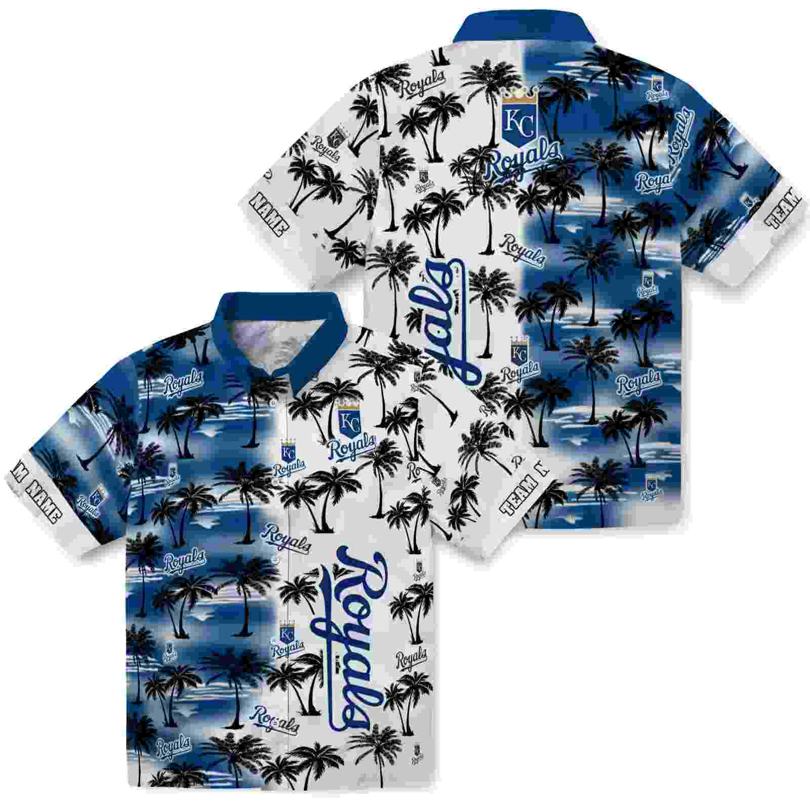 personalized kansas city royals palm silhouettes royal blue hawaiian shirt high quality