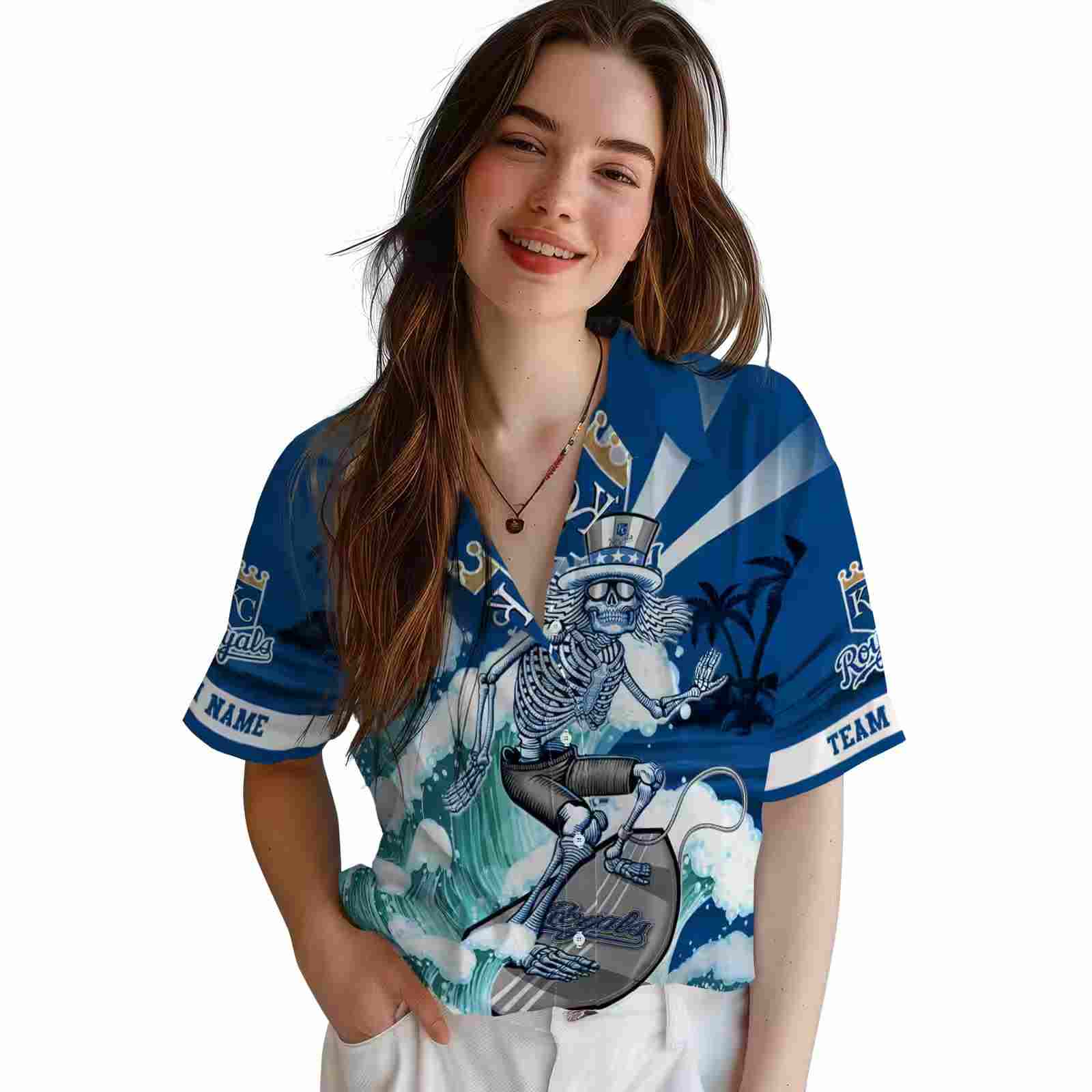 personalized kansas city royals surfing skeleton royal blue hawaiian shirt latest model