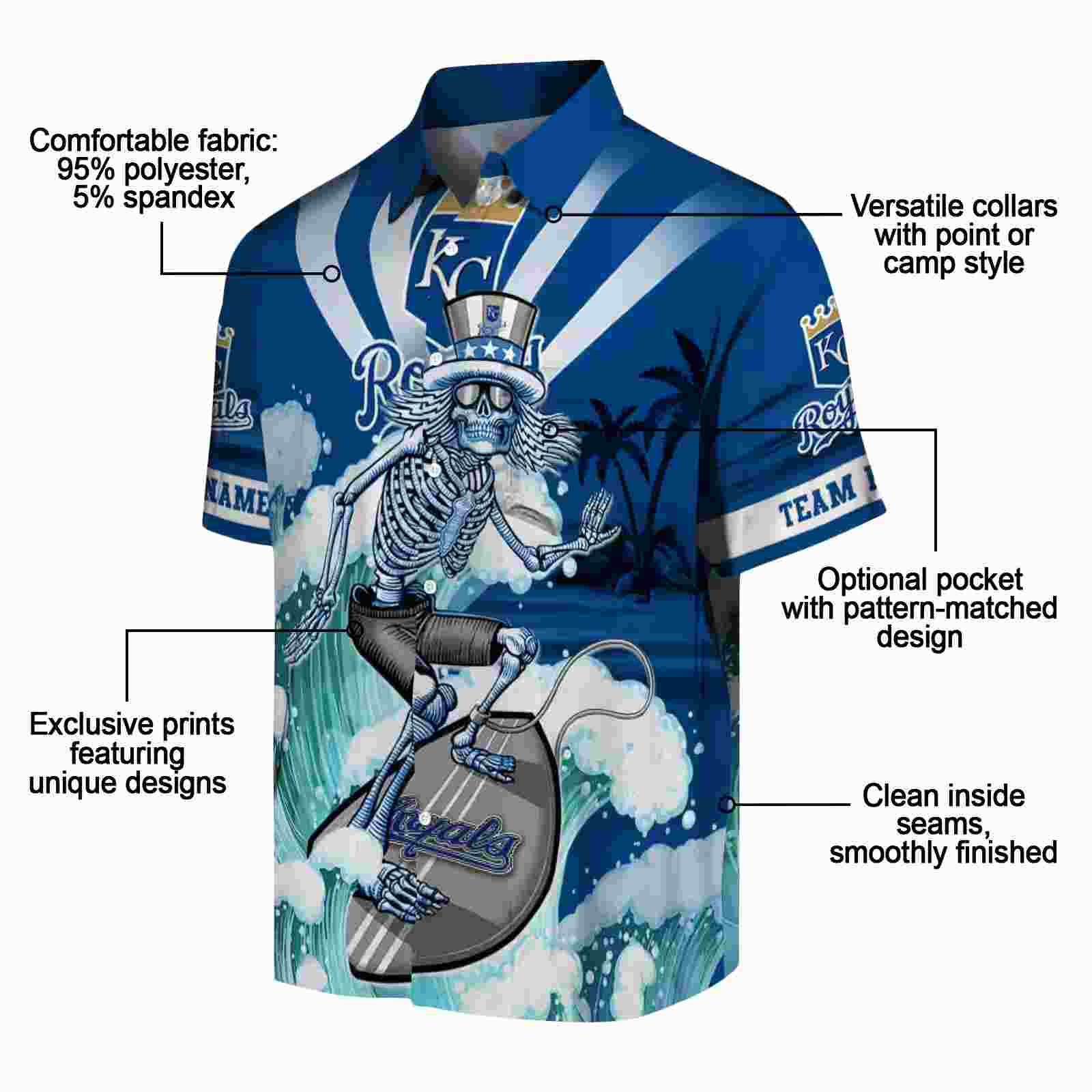 personalized kansas city royals surfing skeleton royal blue hawaiian shirt new arrival