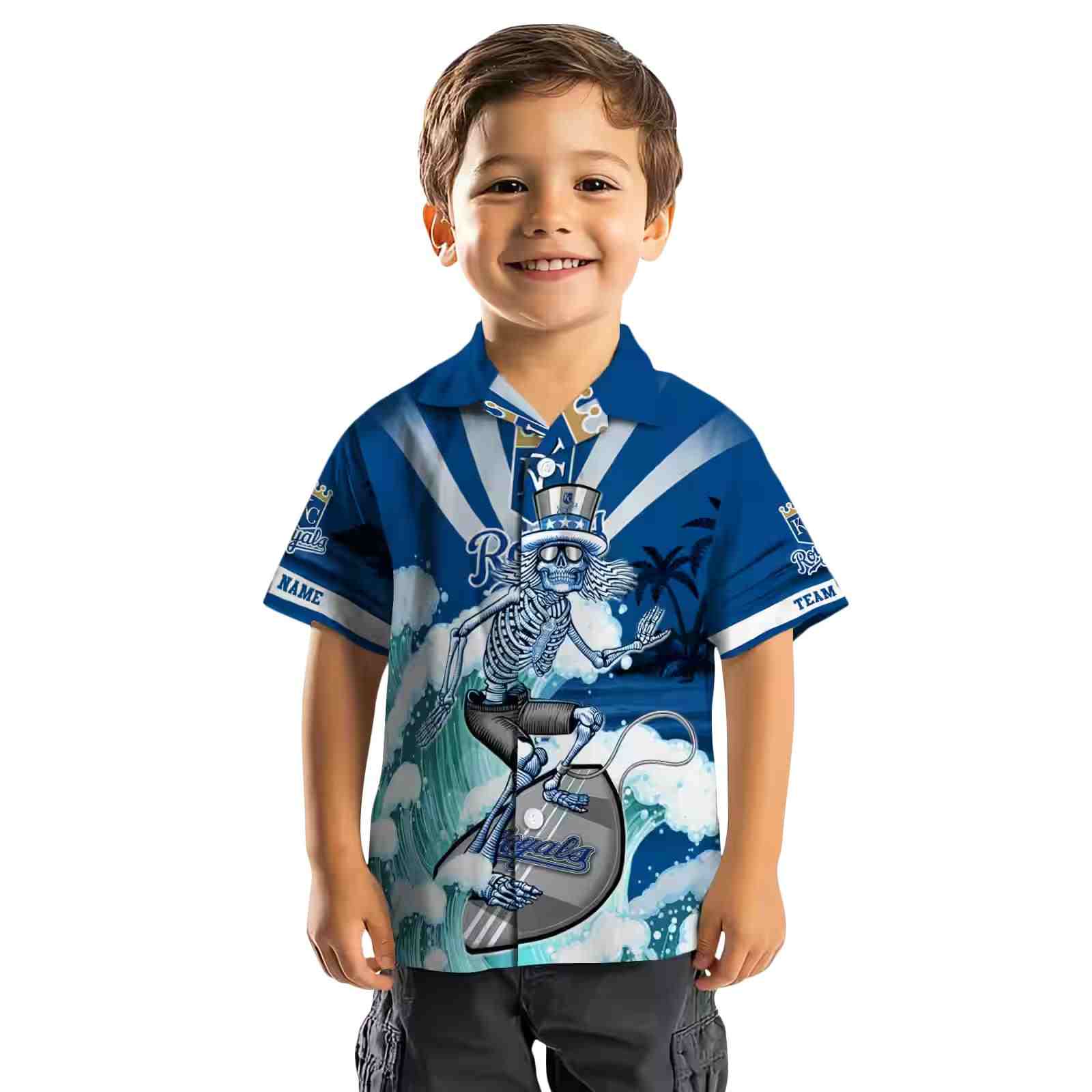 personalized kansas city royals surfing skeleton royal blue hawaiian shirt top rated