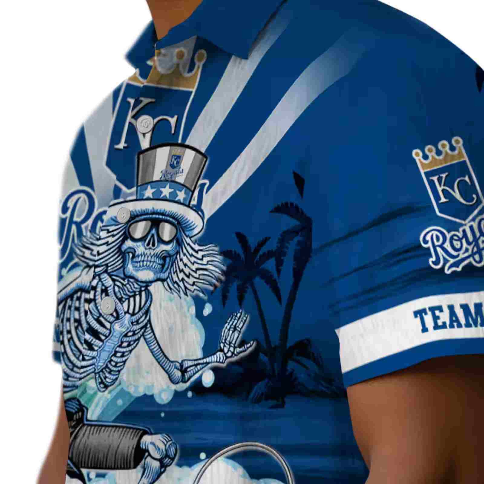 personalized kansas city royals surfing skeleton royal blue hawaiian shirt trendy