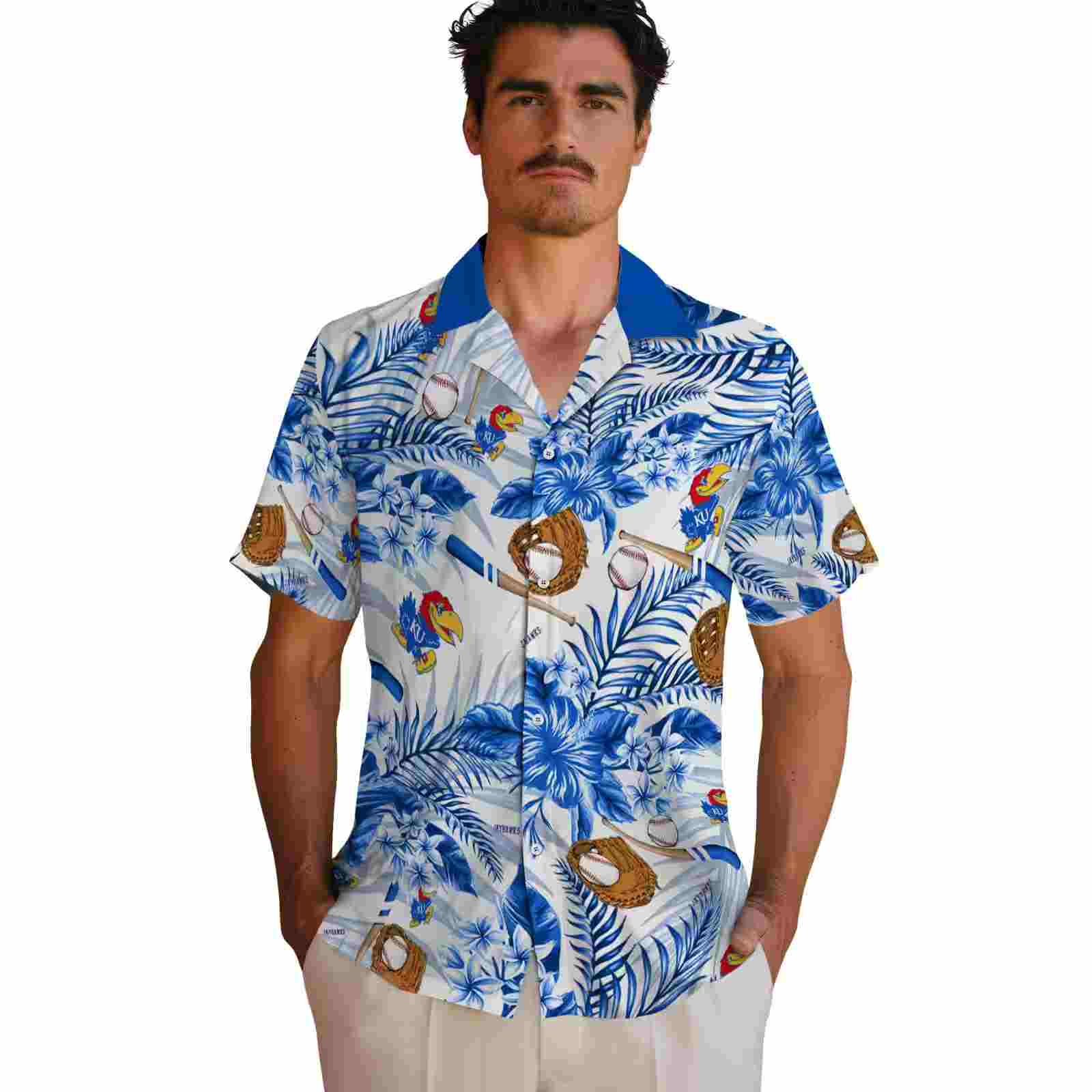 personalized kansas jayhawks floral baseball blue white hawaiian shirt fashion forward