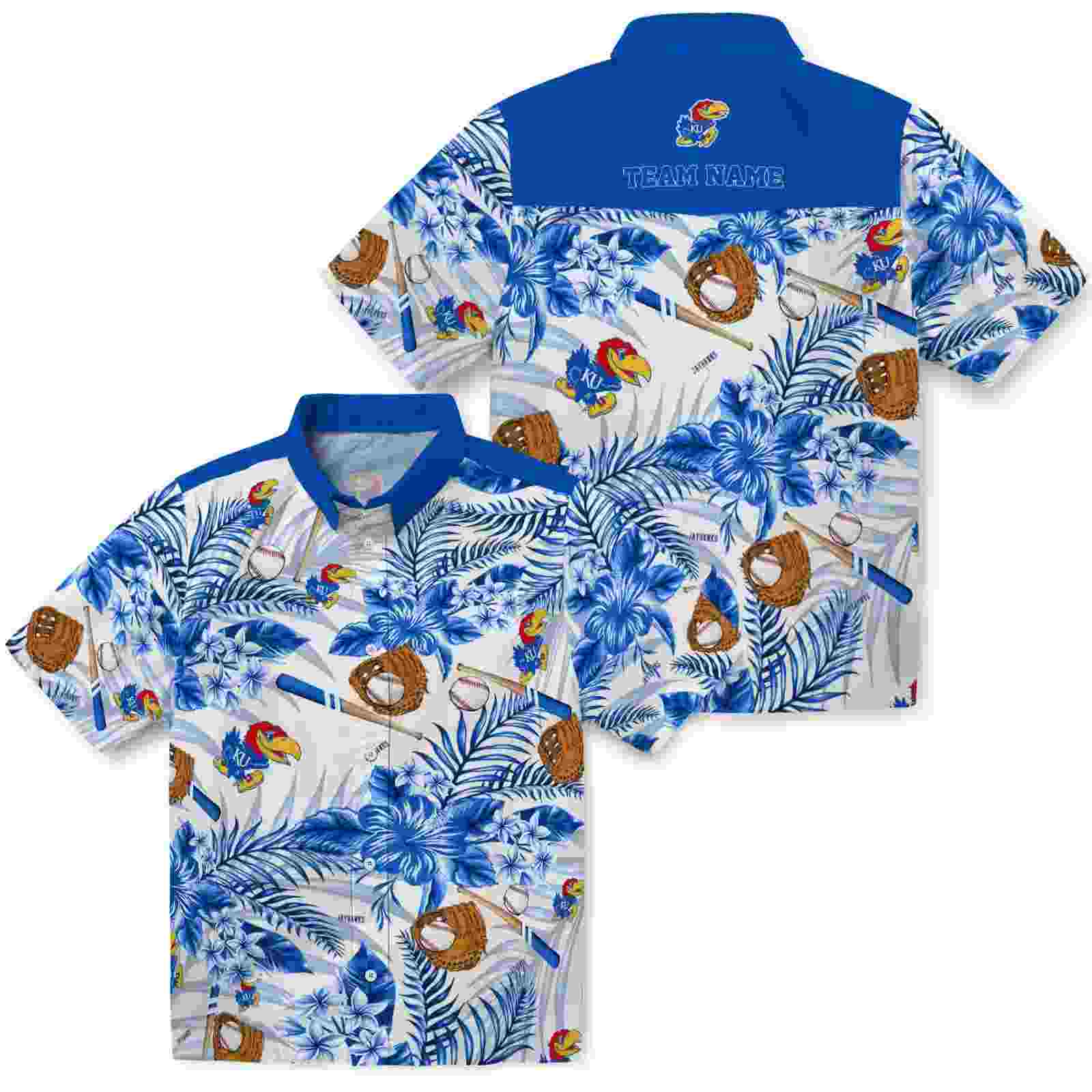 personalized kansas jayhawks floral baseball blue white hawaiian shirt high quality