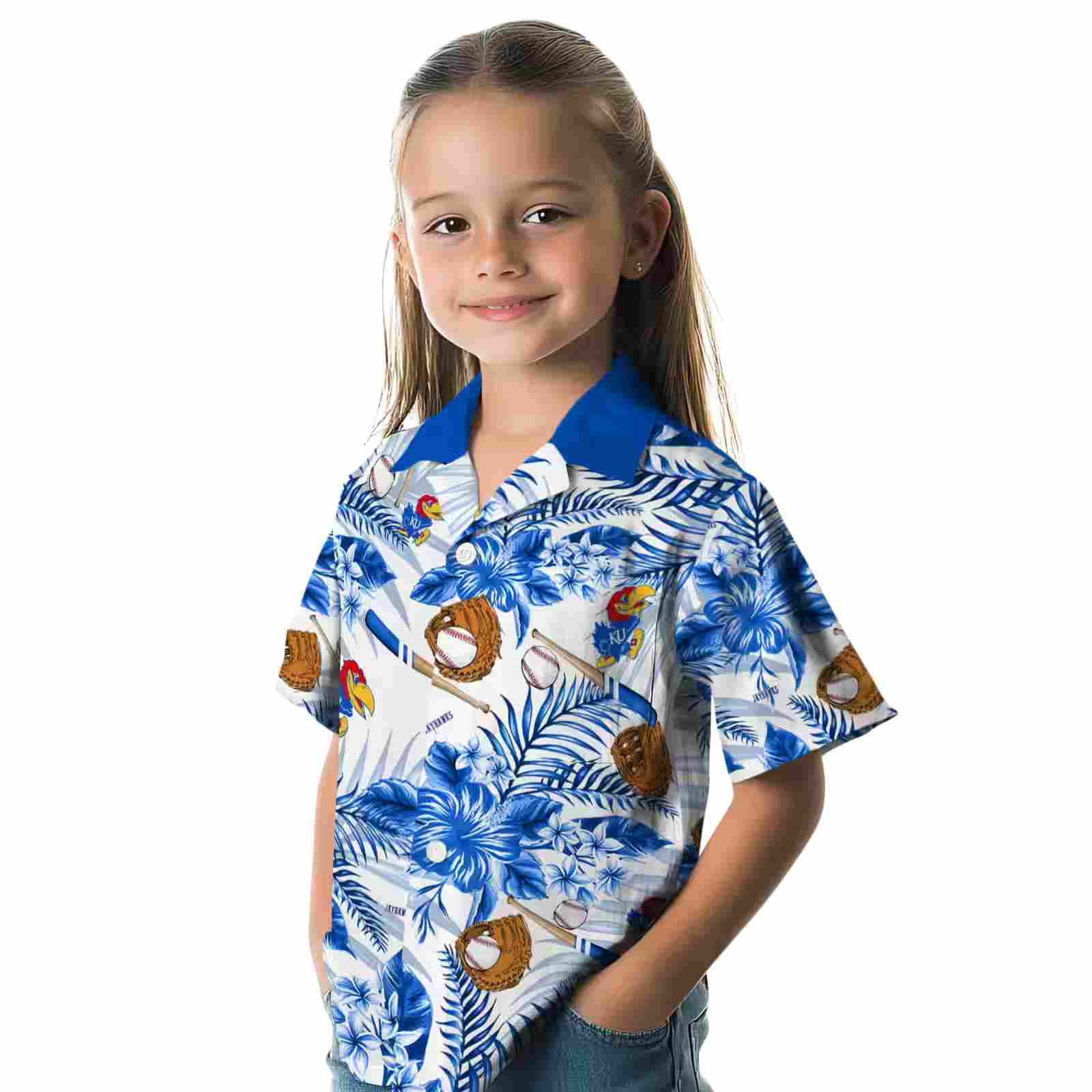 personalized kansas jayhawks floral baseball blue white hawaiian shirt premium grade