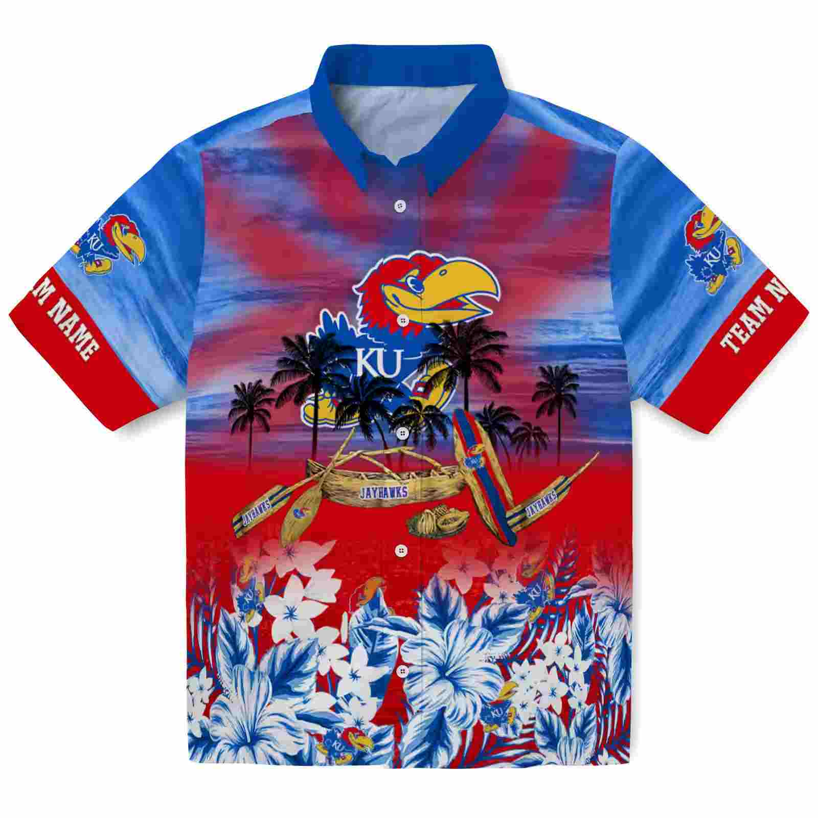 Personalized Kansas Jayhawks Tropical Canoe Blue Hawaiian Shirt