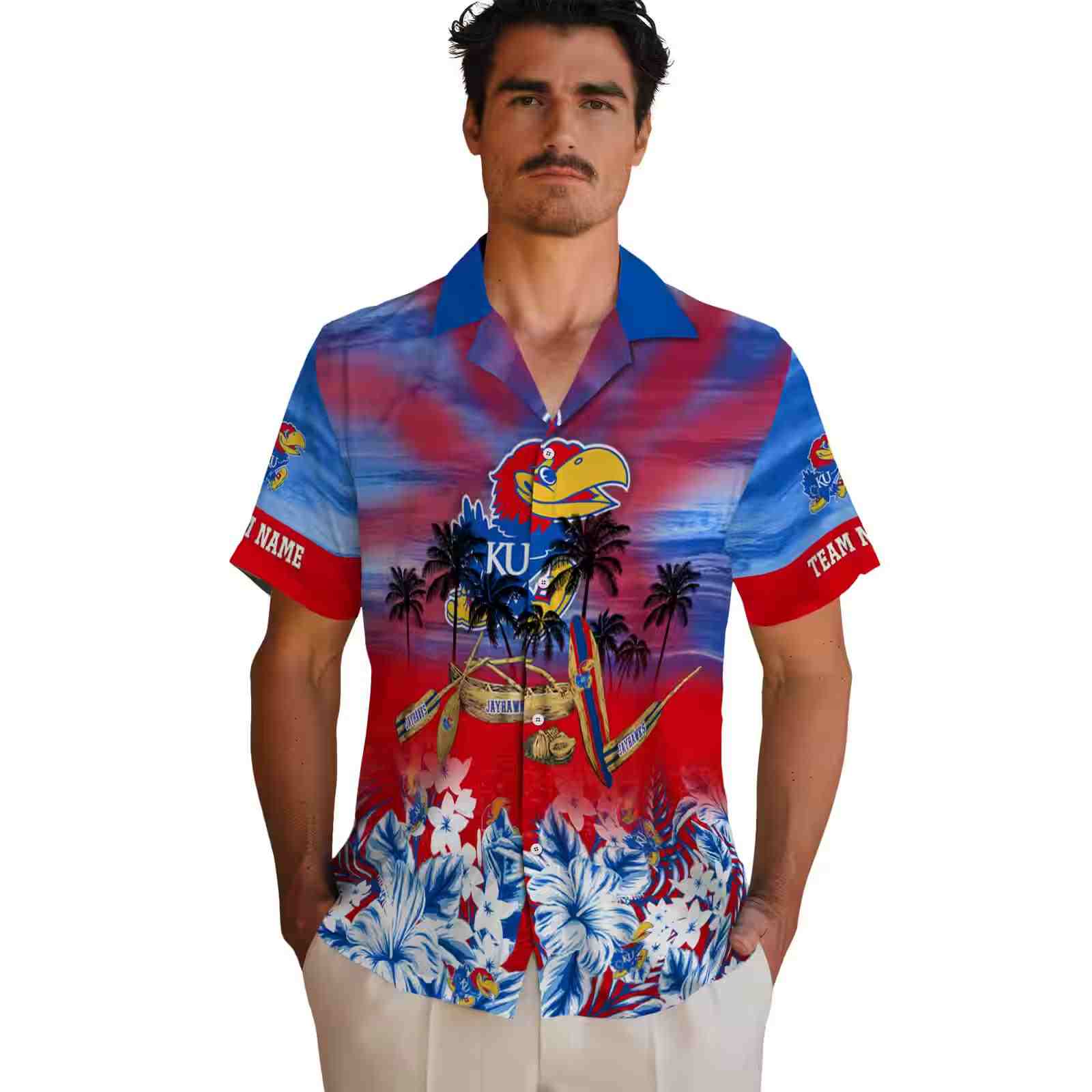 personalized kansas jayhawks tropical canoe blue hawaiian shirt fashion forward