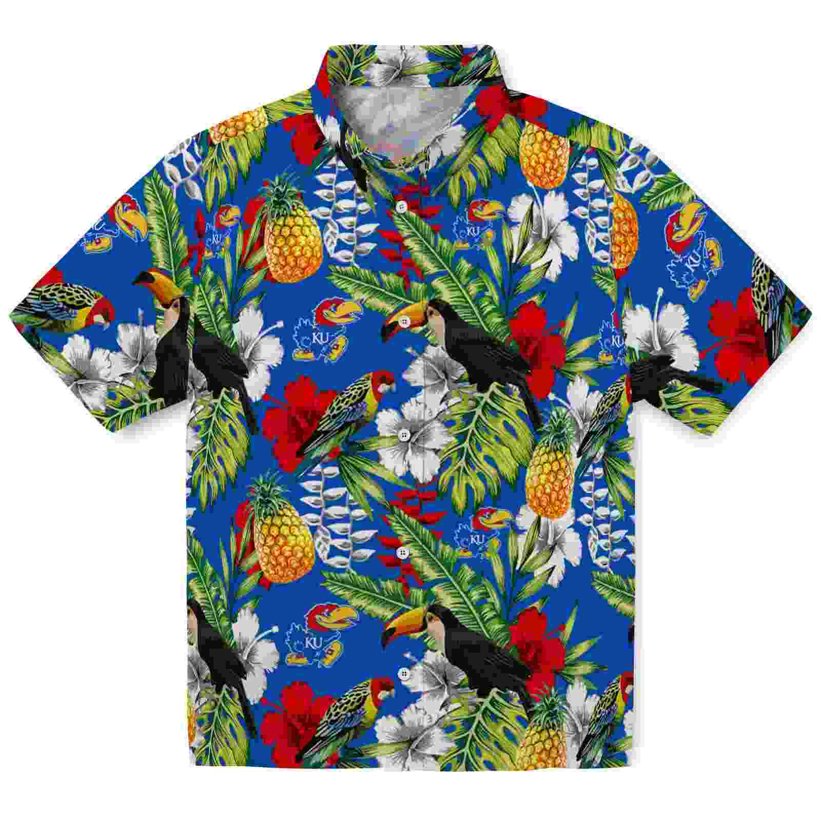 Personalized Kansas Jayhawks Tropical Toucan Blue Green Hawaiian Shirt