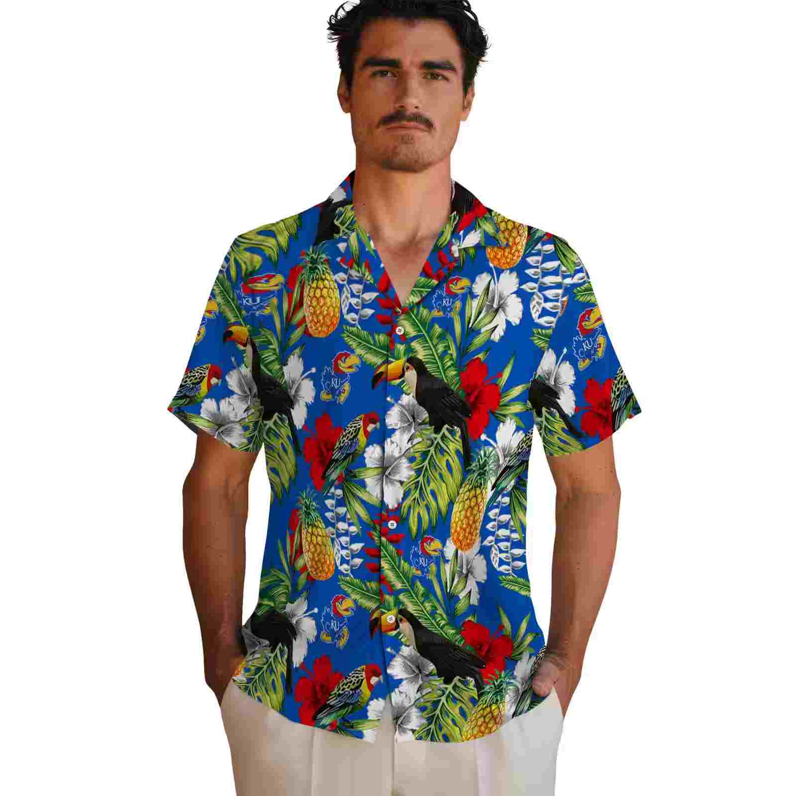 personalized kansas jayhawks tropical toucan blue green hawaiian shirt fashion forward