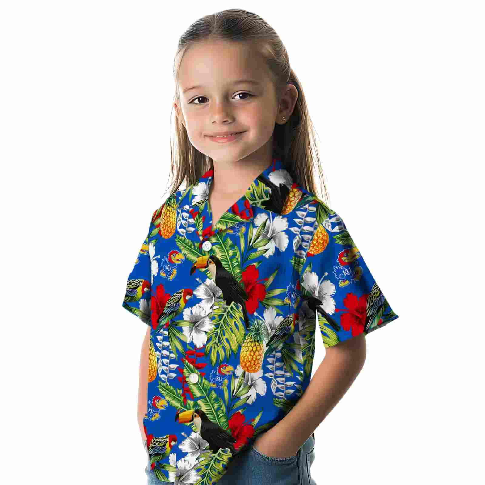 personalized kansas jayhawks tropical toucan blue green hawaiian shirt premium grade