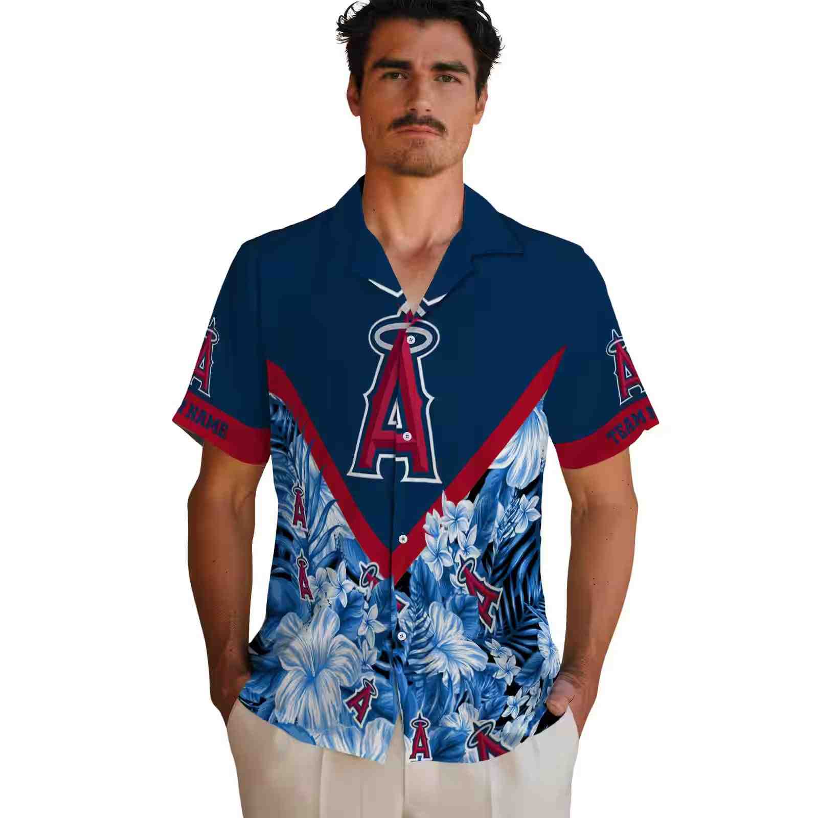 personalized los angeles angels floral chevron blue hawaiian shirt fashion forward