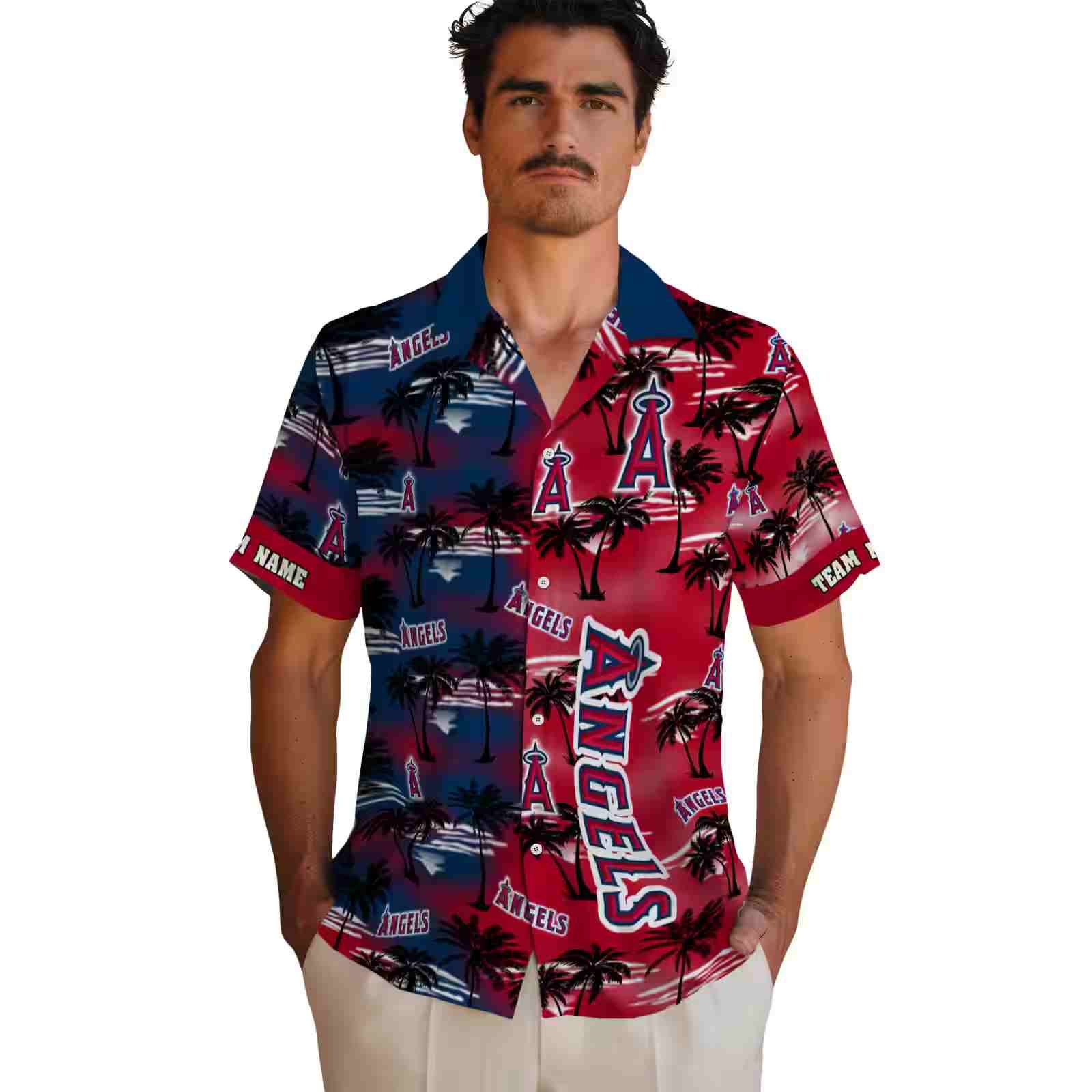 personalized los angeles angels palm silhouettes blue hawaiian shirt fashion forward