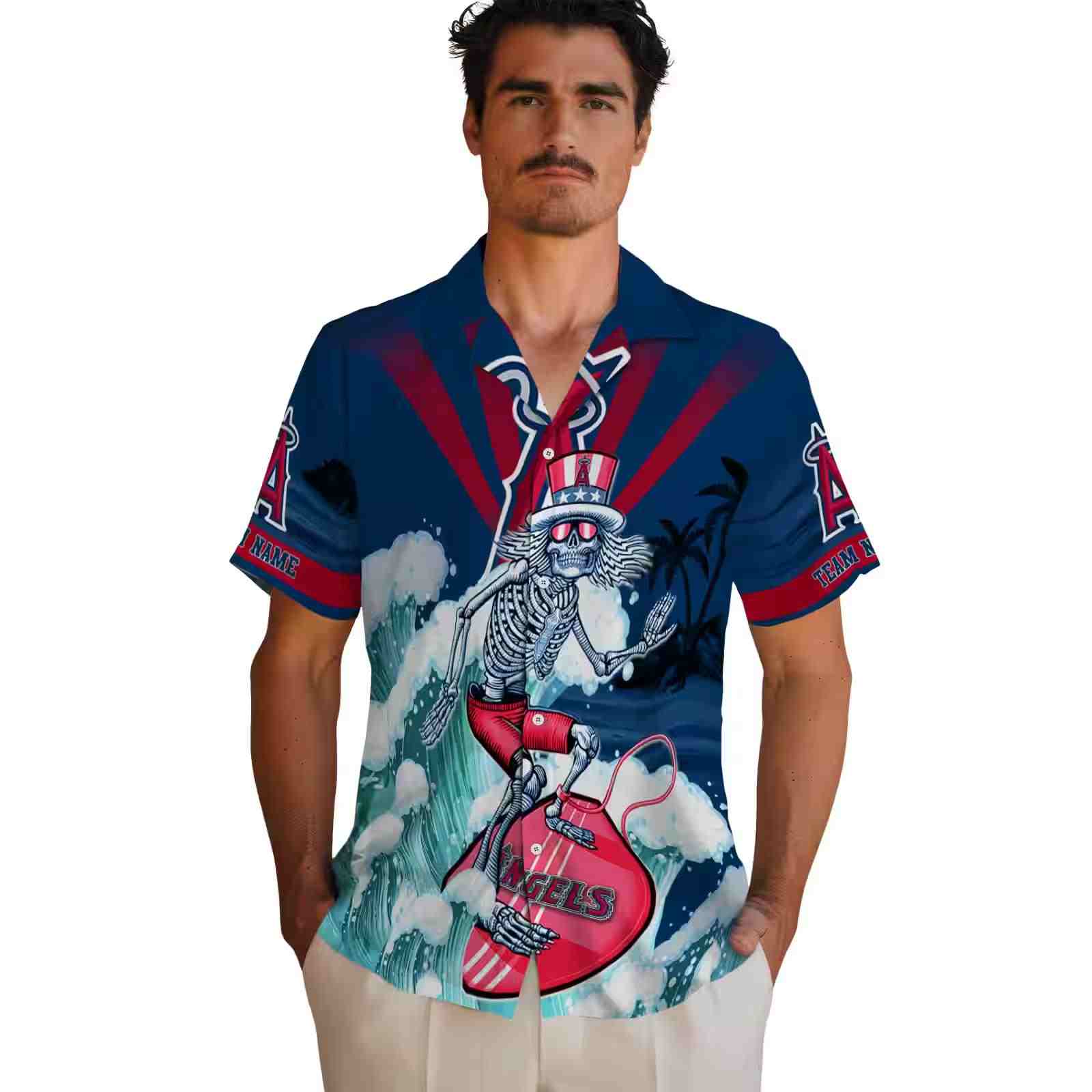 personalized los angeles angels surfing skeleton blue hawaiian shirt fashion forward