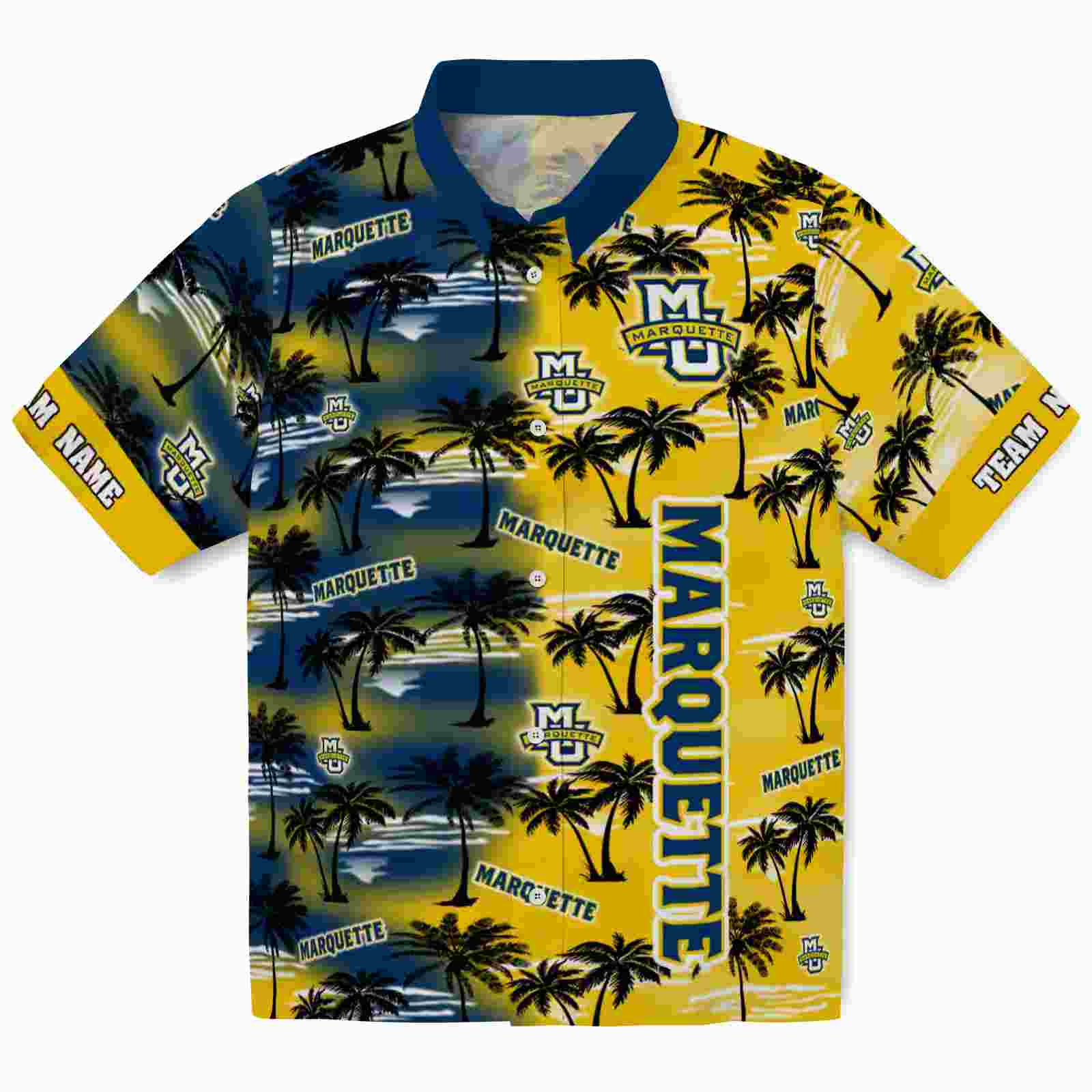 Personalized Marquette Golden Eagles Palm Silhouettes Blue Hawaiian Shirt