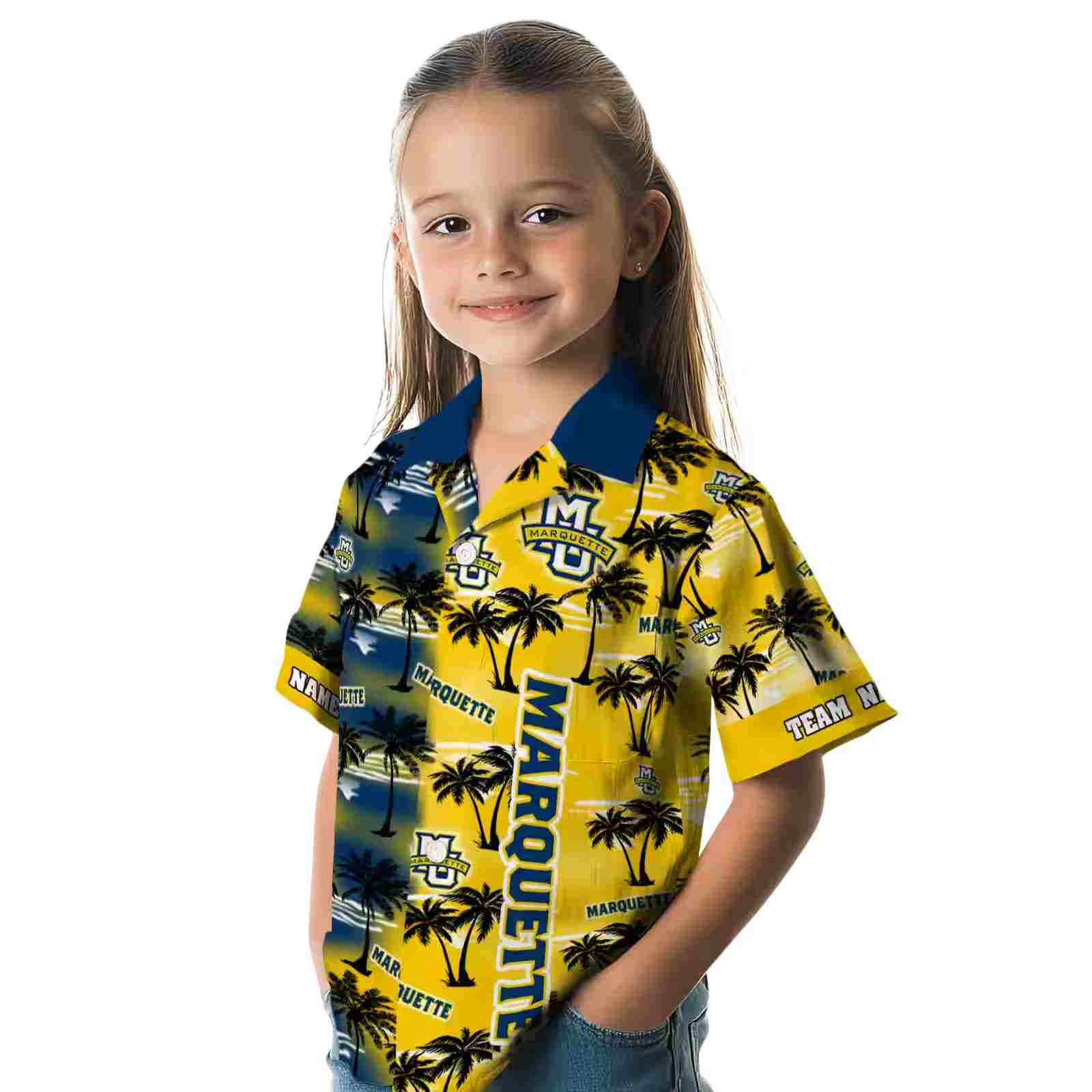 personalized marquette golden eagles palm silhouettes blue hawaiian shirt premium grade