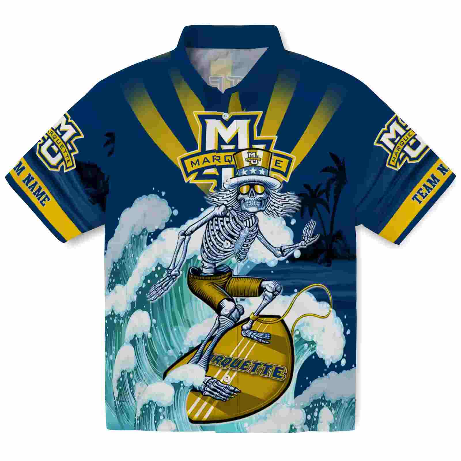 Personalized Marquette Golden Eagles Surfing Skeleton Blue Hawaiian Shirt